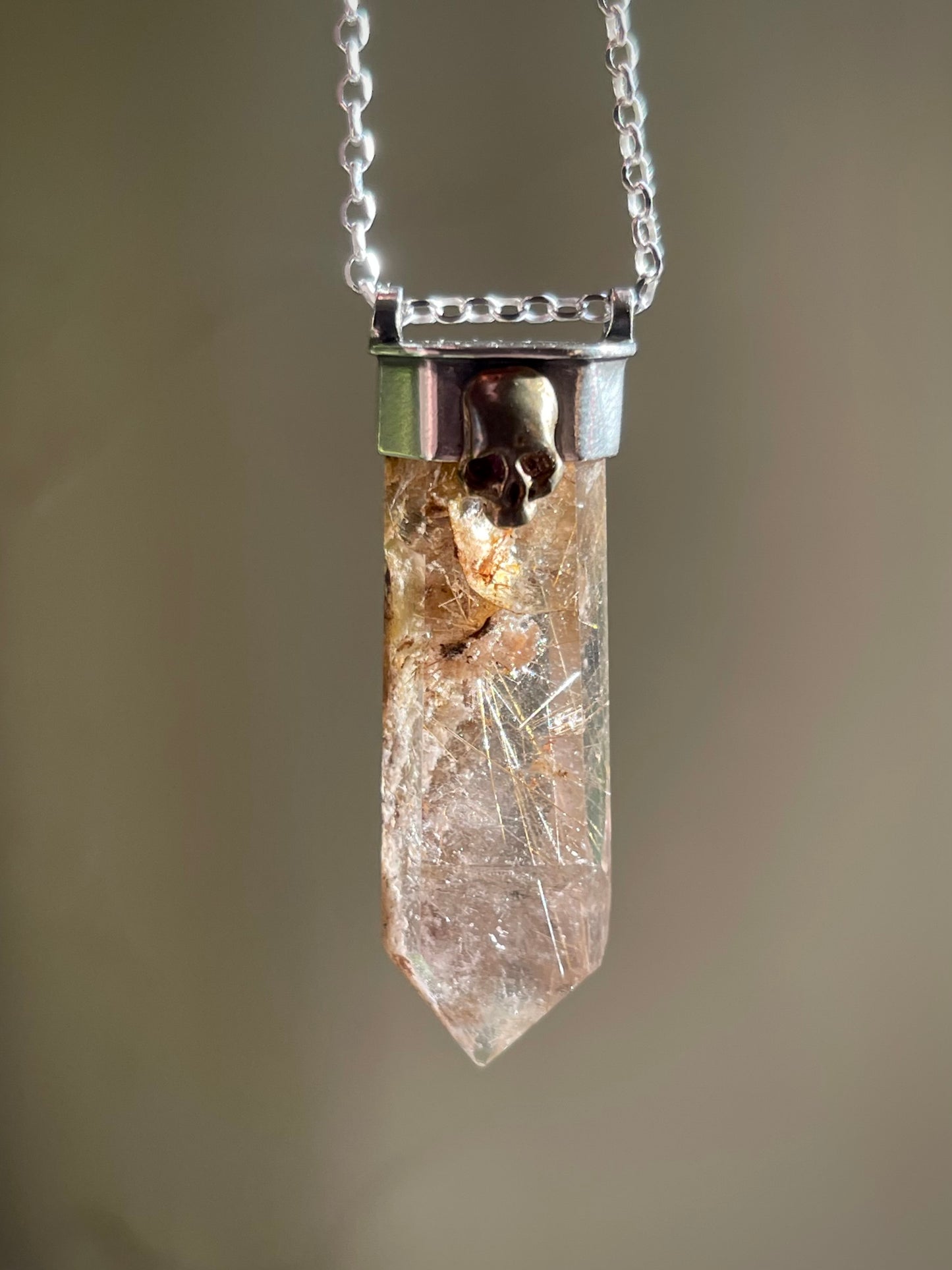 *Thinning of the Veil • Golden Rutilated Quartz Crystal Mixed Metals Skull Necklace