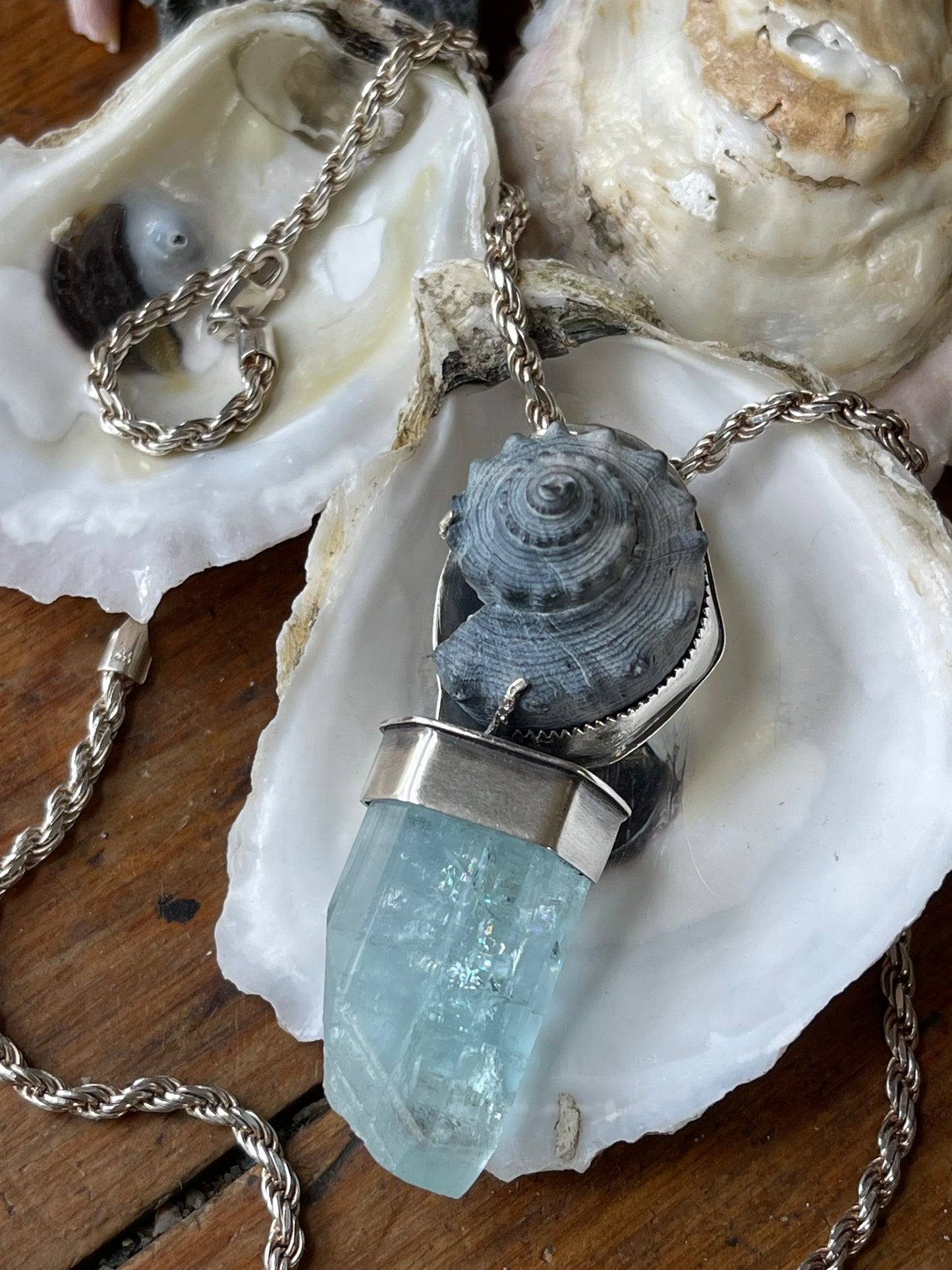 *The Azure Empress • Aquamarine crystal Black Seashell PENDANT ONLY • Sterling Silver