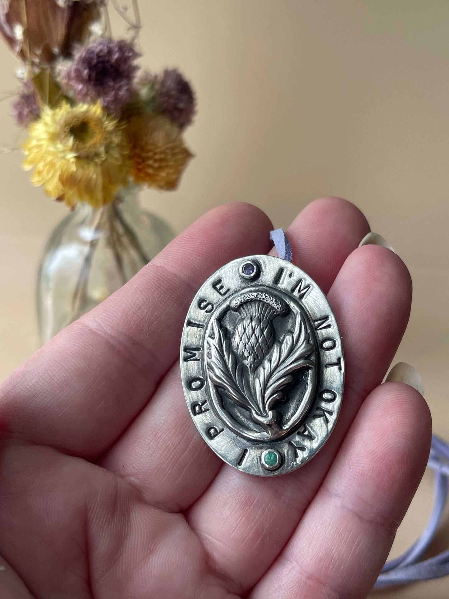 *I’m Not Okay, I Promise • Tanzanite & Emerald Stamped Sterling Silver Thistle Pendant