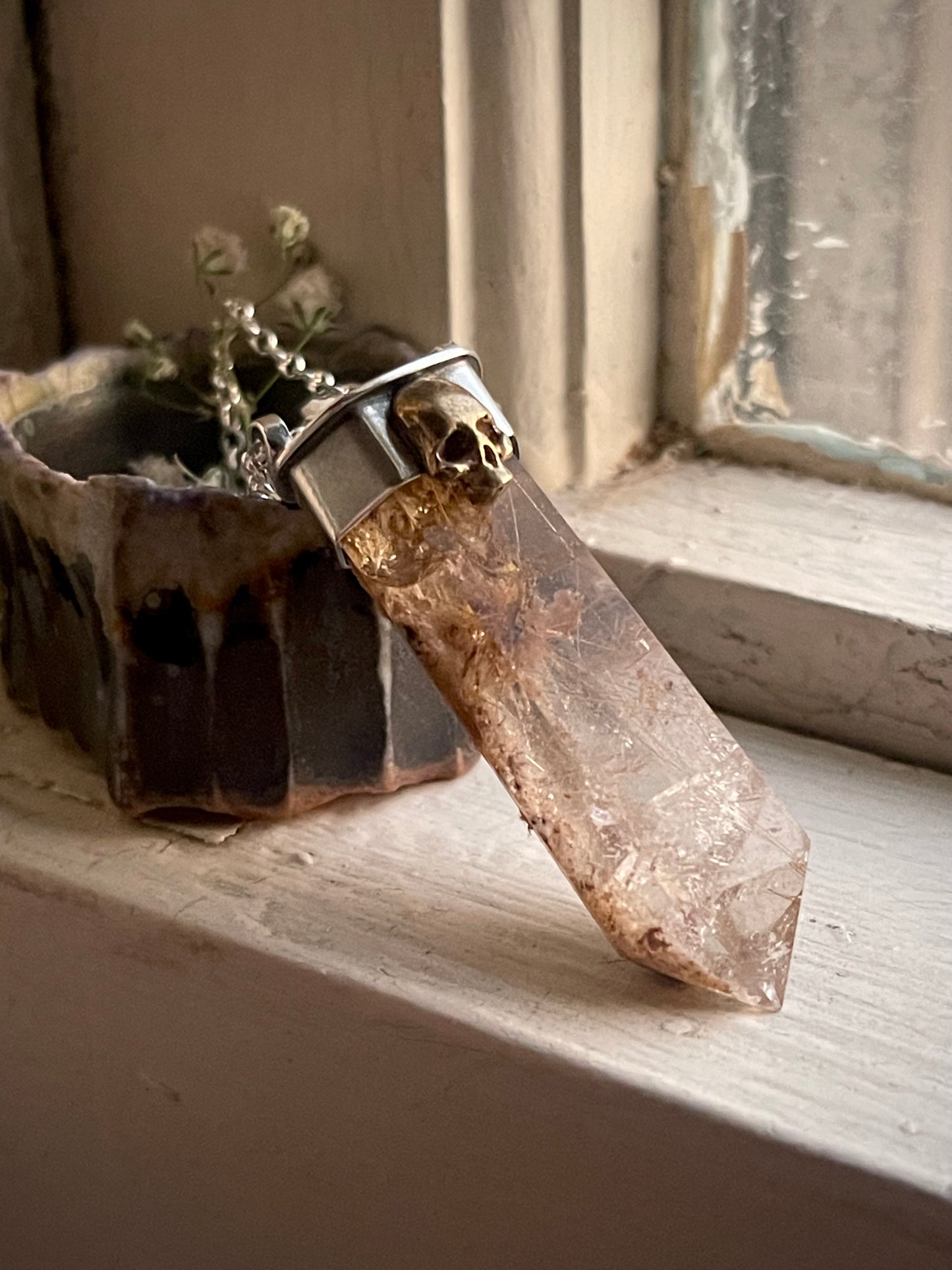 *Thinning of the Veil • Golden Rutilated Quartz Crystal Mixed Metals Skull Necklace