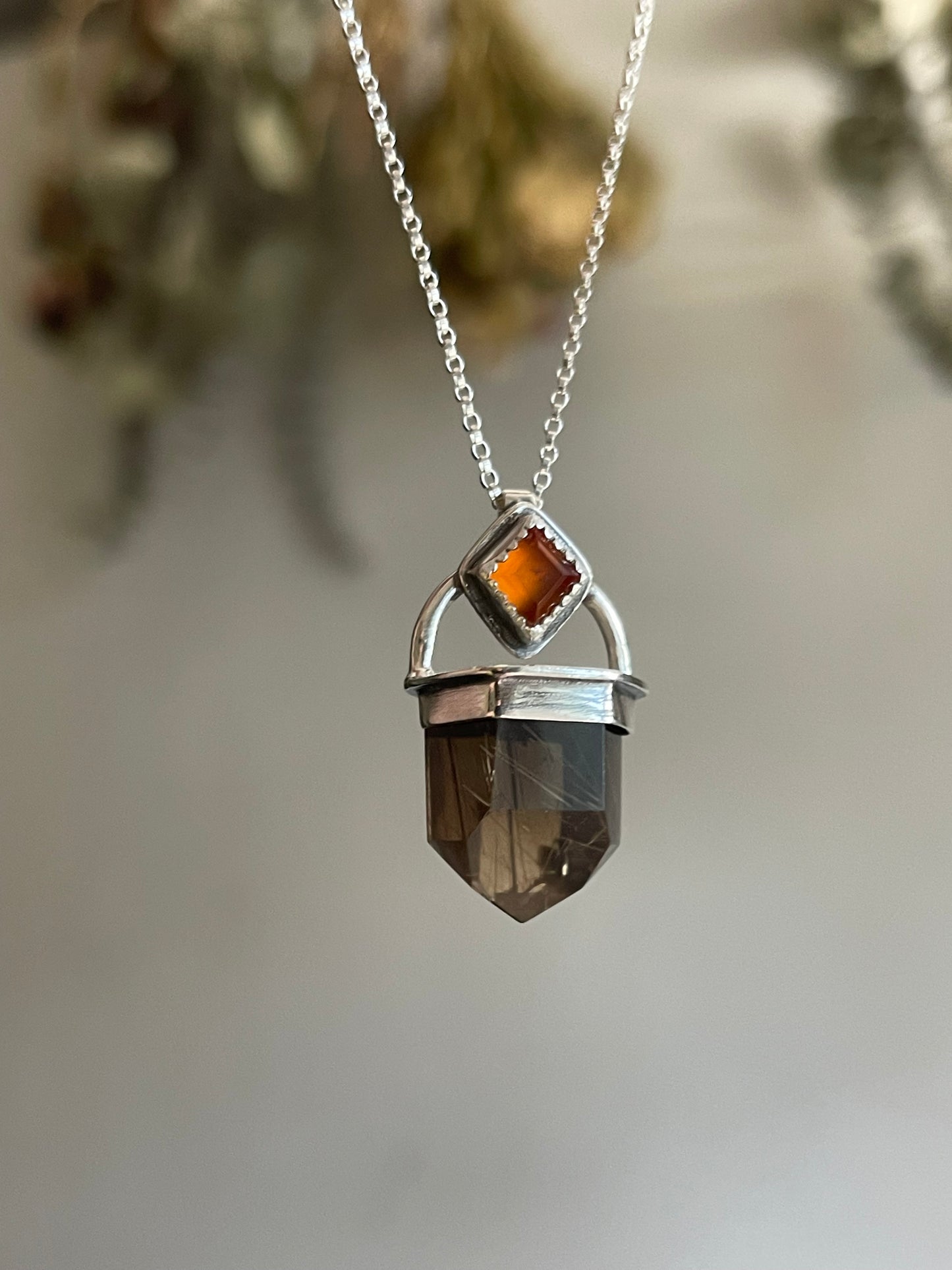 Gold in the Air of Summer • Golden Rutilated Smokey Quartz Crystal Garnet Necklace