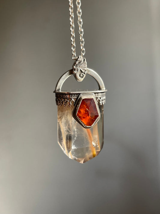*Dracarys • Angel Wing Phantom Quartz & Hessonite Garnet • Sterling Silver Crystal Necklace