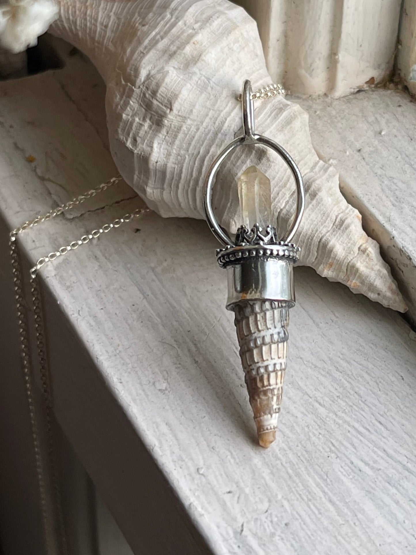*The Sun • Crystal Cone Seashell PENDANT ONLY • Yellow Quartz • Sterling Silver