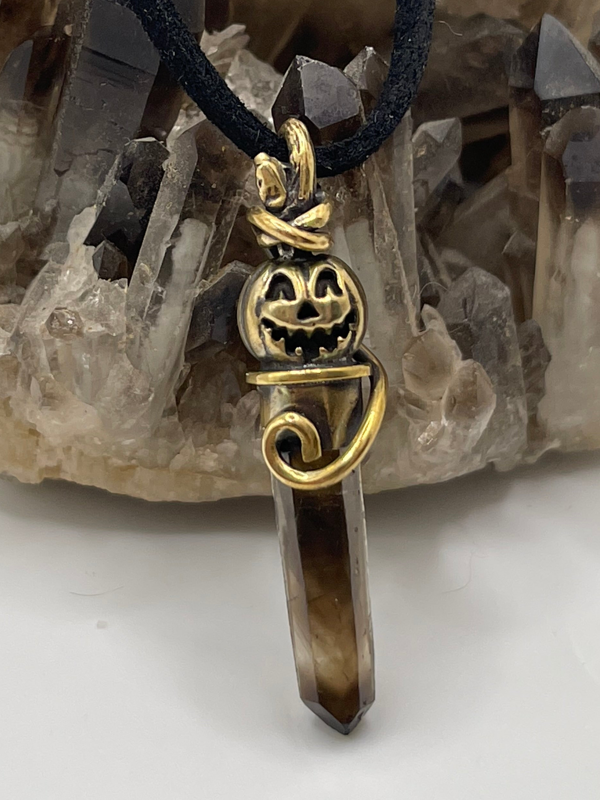 *Sleepy Hollow • Brass Jack-o-lantern Phantom Smokey Quartz Crystal Charm