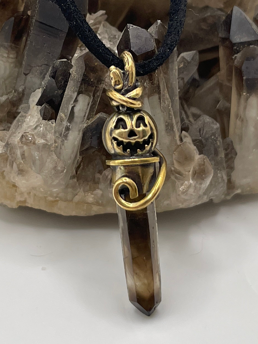 *Sleepy Hollow • Brass Jack-o-lantern Phantom Smokey Quartz Crystal Charm