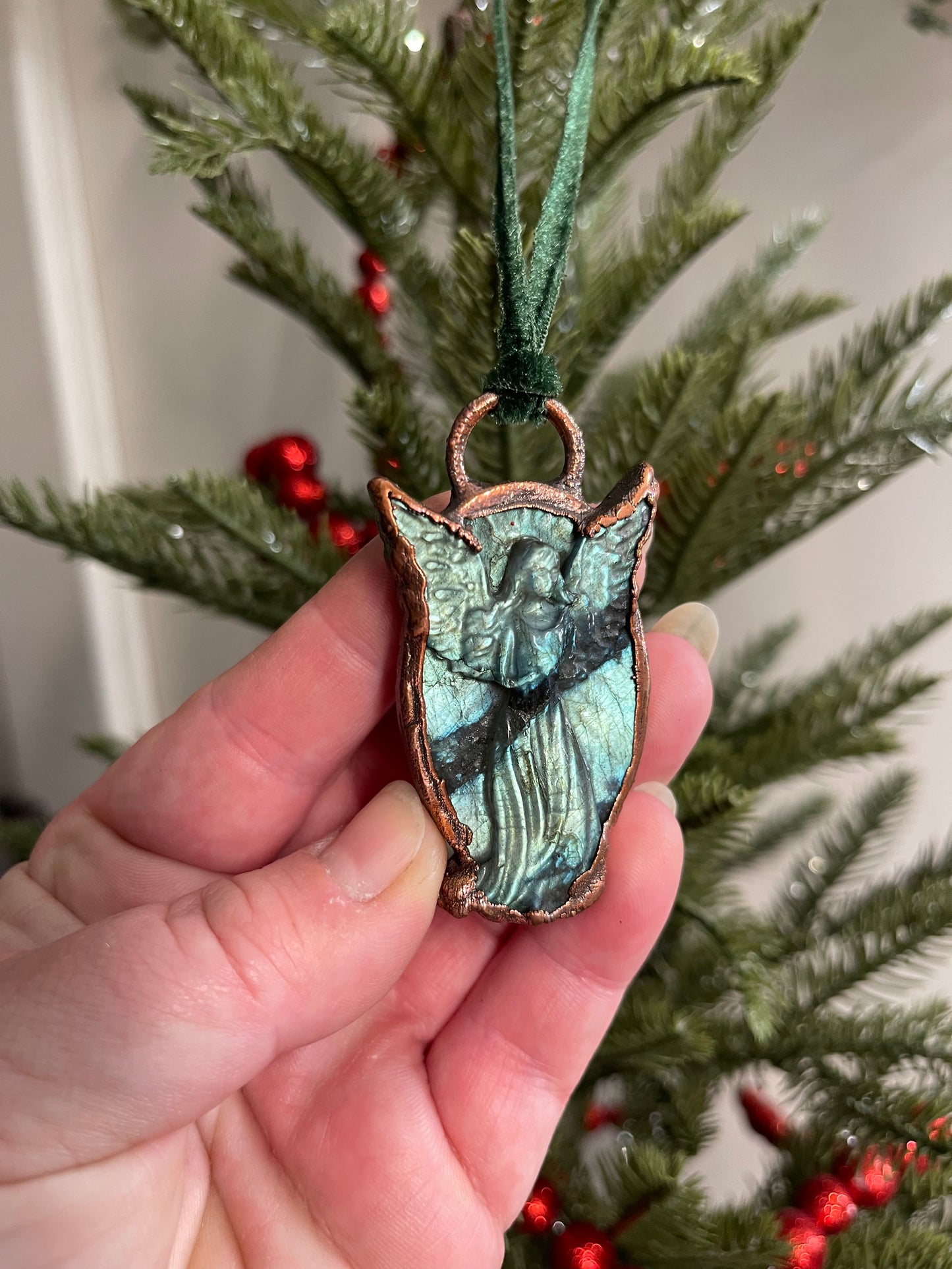 *Carved Labradorite Copper Angel Ornament