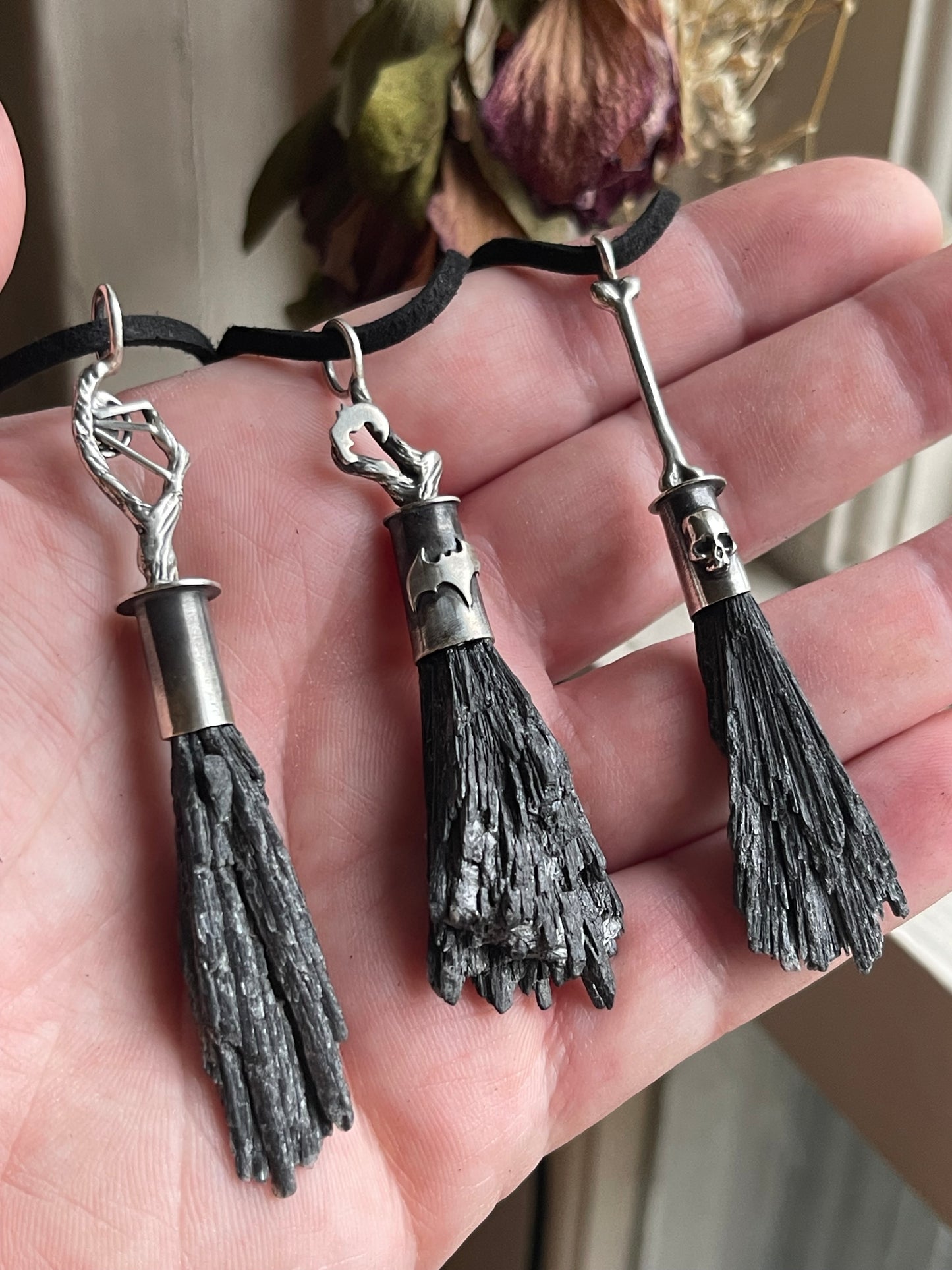 *Gothic Bone Witch Crystal Broom Pendant