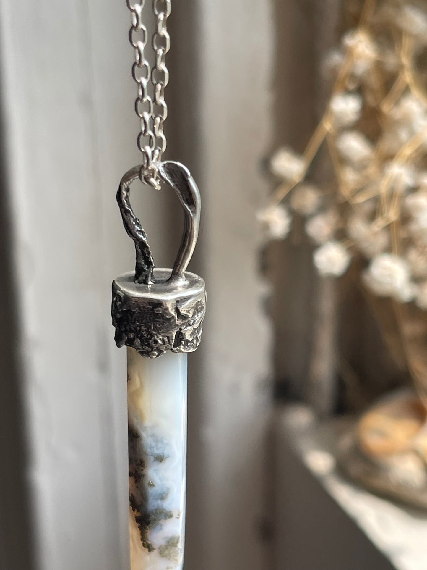 *Sea Mist • Moss Agate Crystal Pendant Necklace • Reticulated Silver
