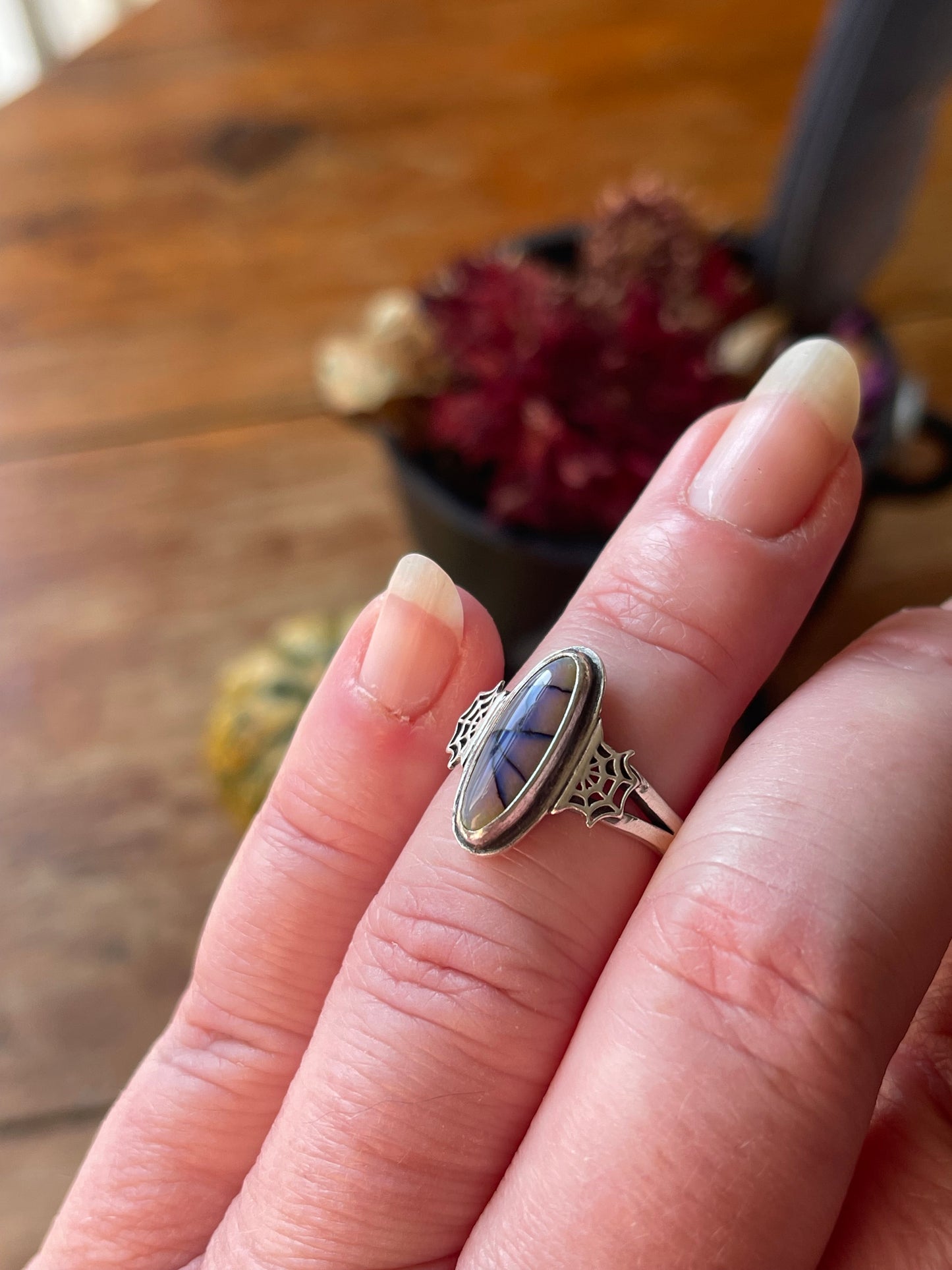 *Charlotte • Sterling Opal Spider Web Ring Size 7