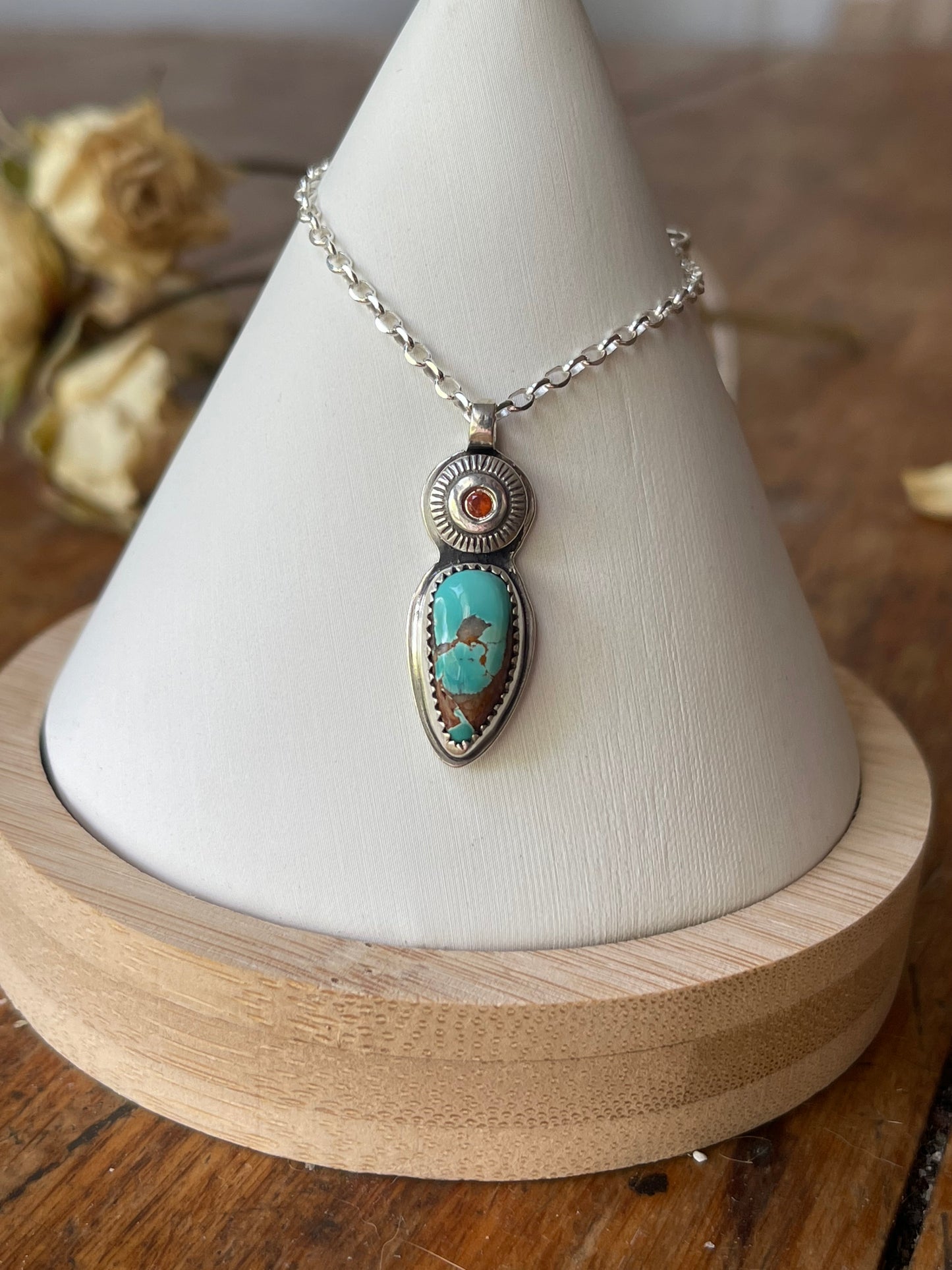 *Sailing on the Sun • Royston Turquoise & Hessonite Garnet Pendant Necklace • Fine Silver