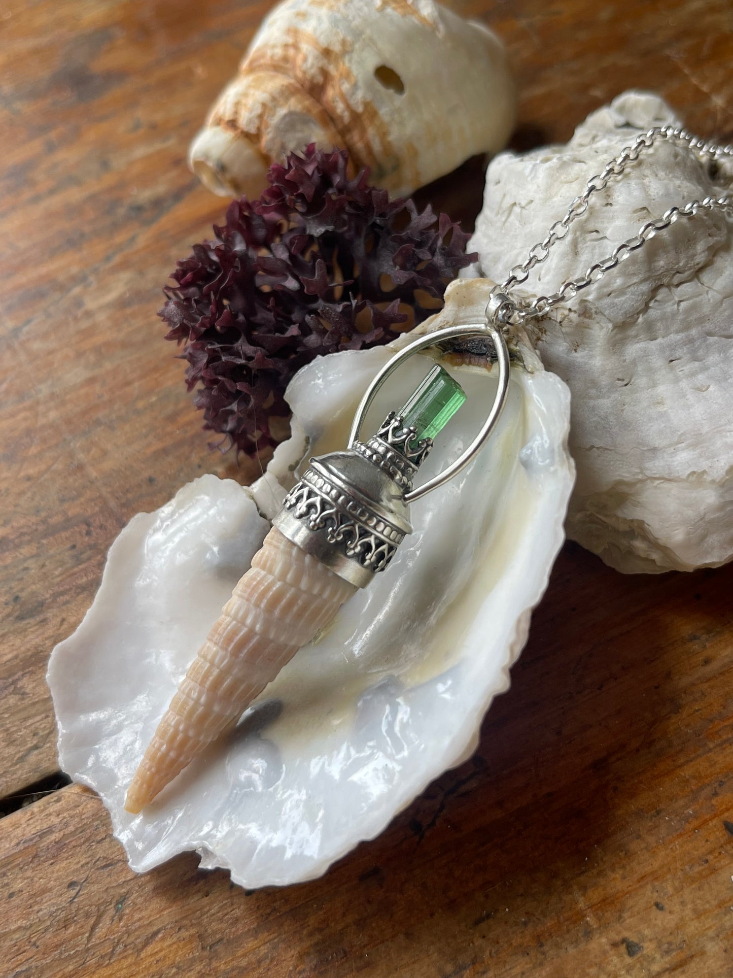 Kelly • Green Tourmaline Crystal Shell Statement Pendant Necklace