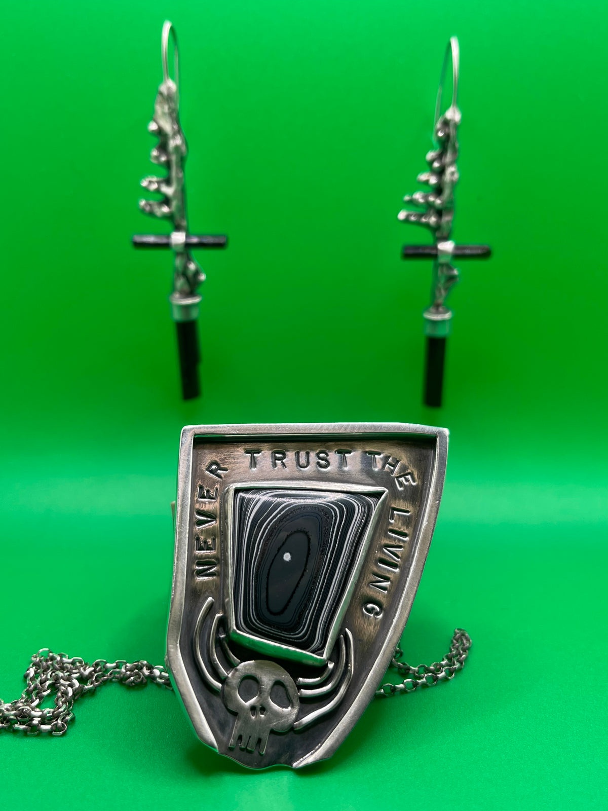 *Never Trust the Living • Fordite & Sterling Silver Beetlejuice Halloween Statement Pendant Necklace