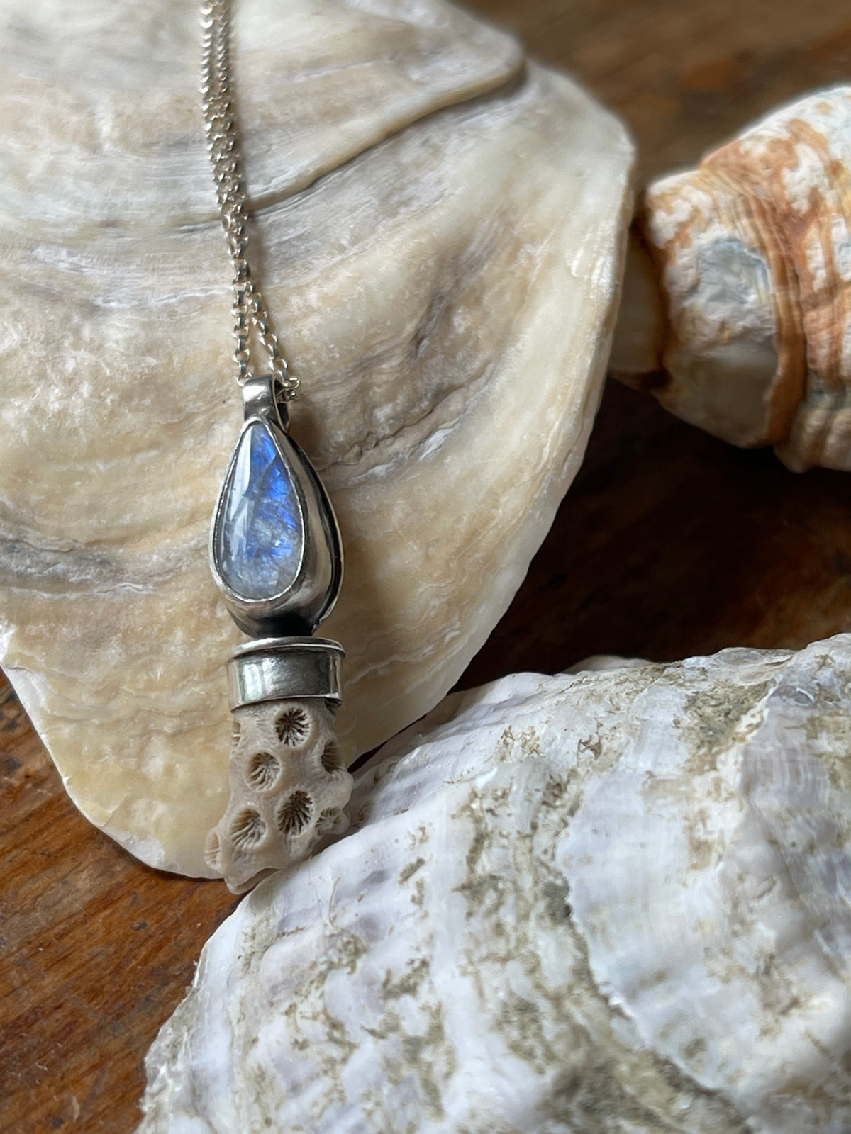 *Sand & Moon • Moonstone Quartz Fossil Charm Necklace • Sterling Silver