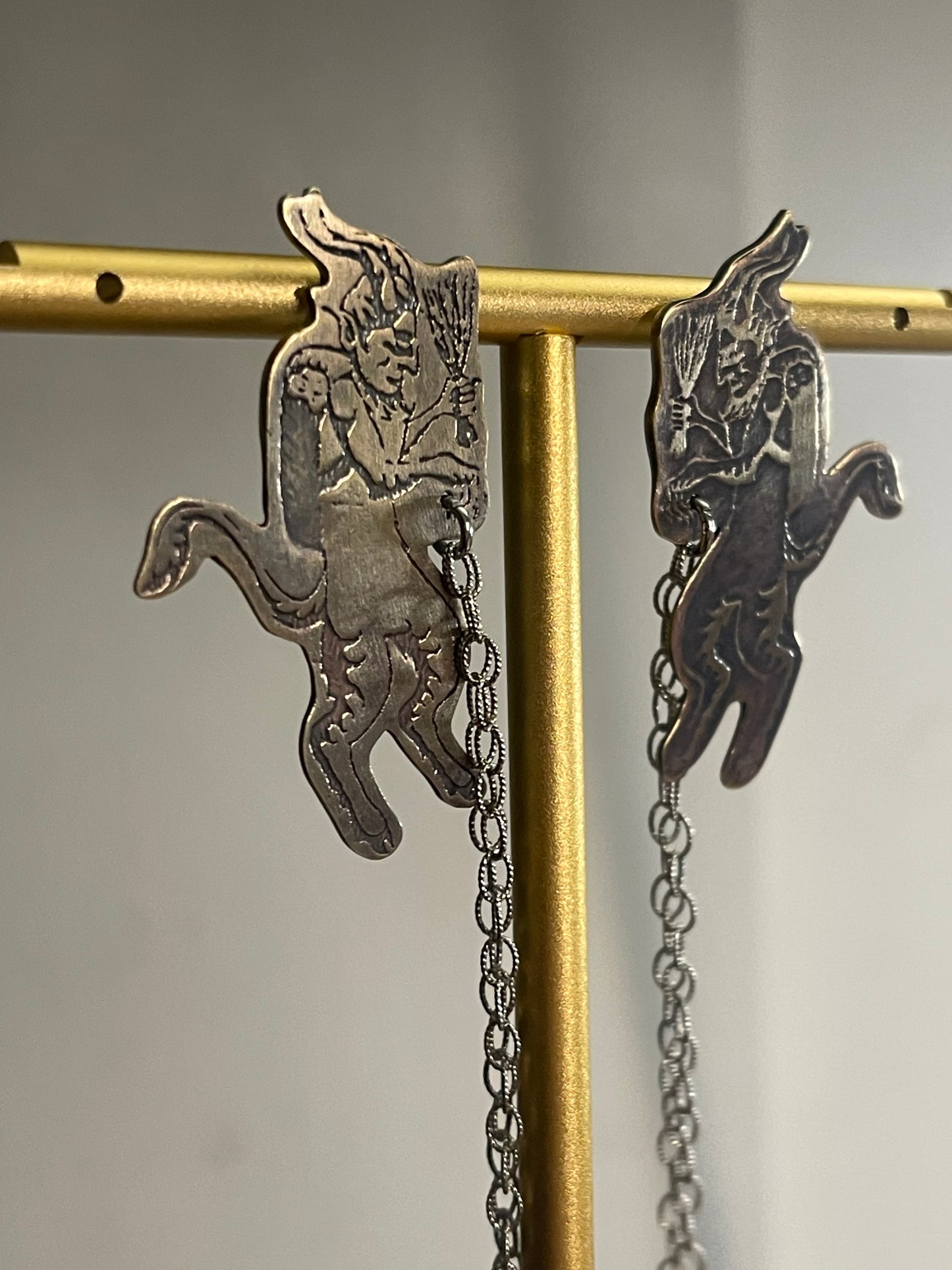 Naughty List • Etched Brass Krampus Stud Dangle Earrings