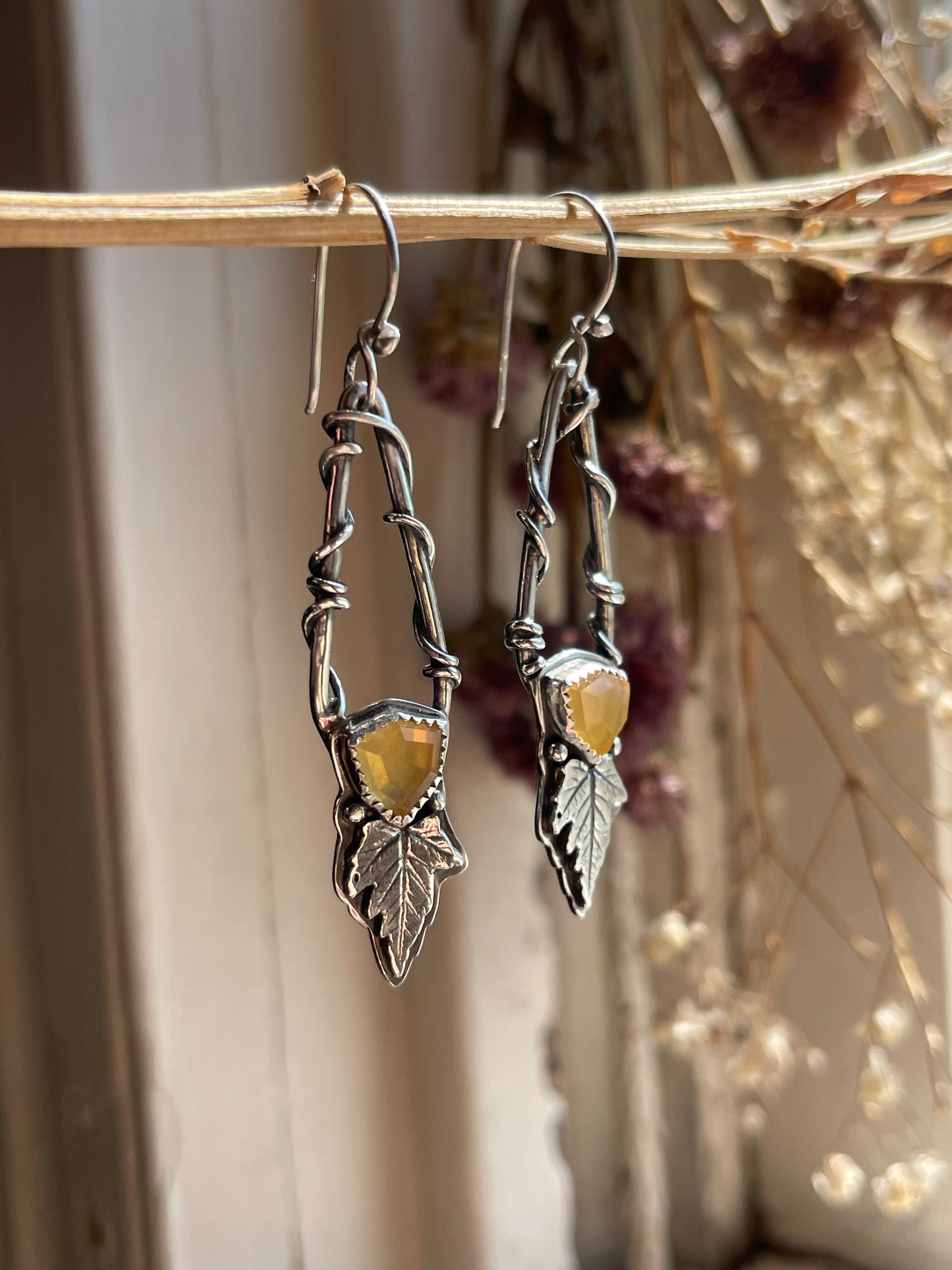 Leaves of Lórien • Oregon Fire Opal Leaf Drop Dangle Earrings