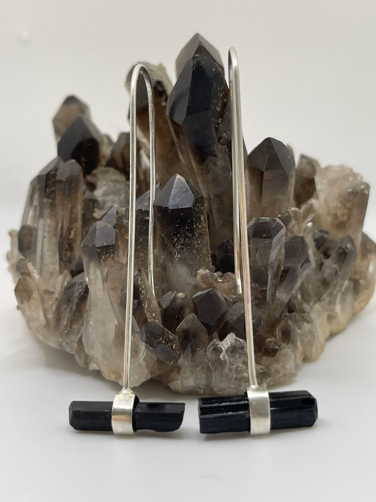 *Dark Green Tourmaline Crystal Bar Drop Earrings • Sterling Silver