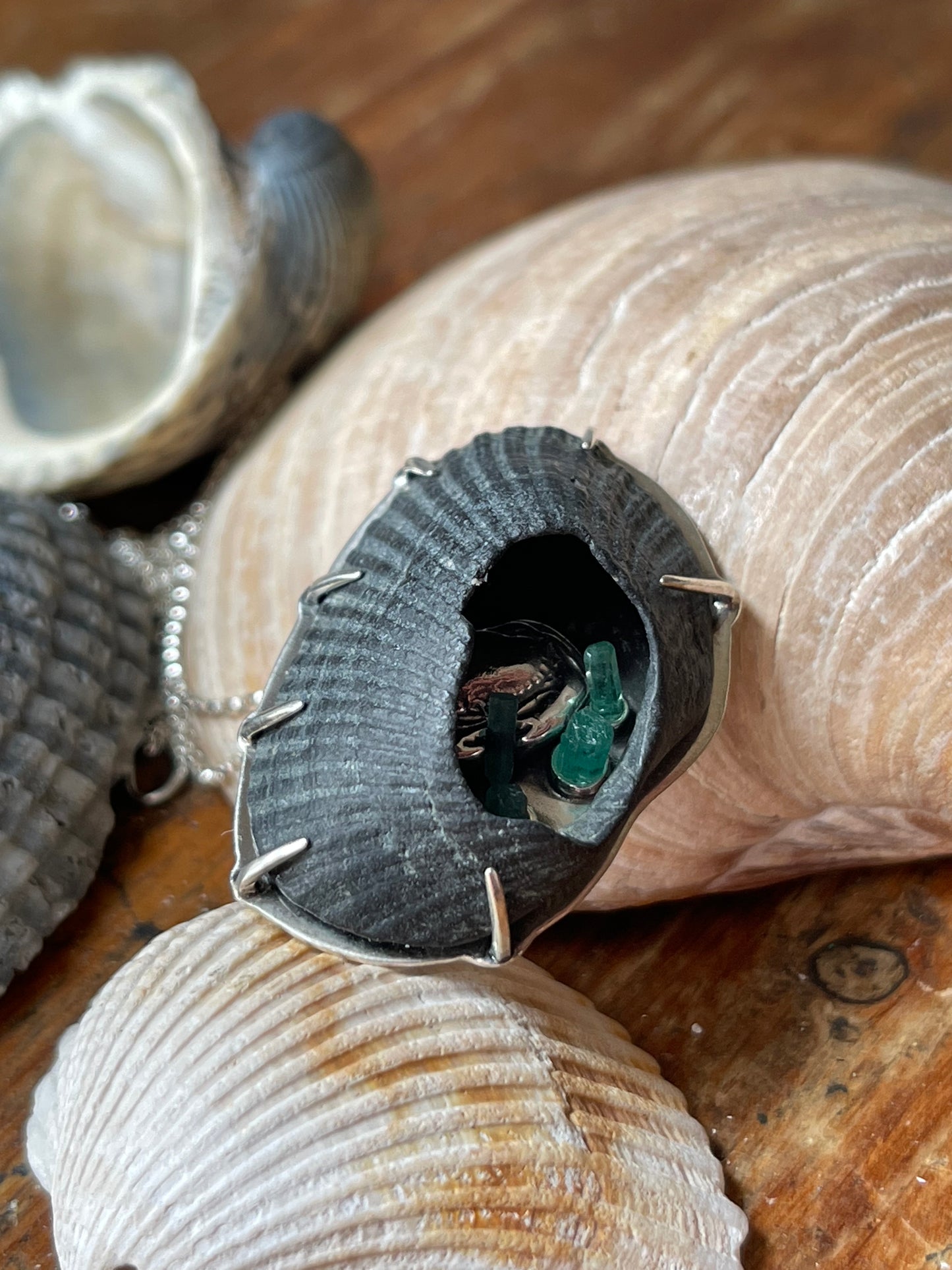 Emerald Cove • Black Shell & Emerald Crystal Seascape Statement Necklace