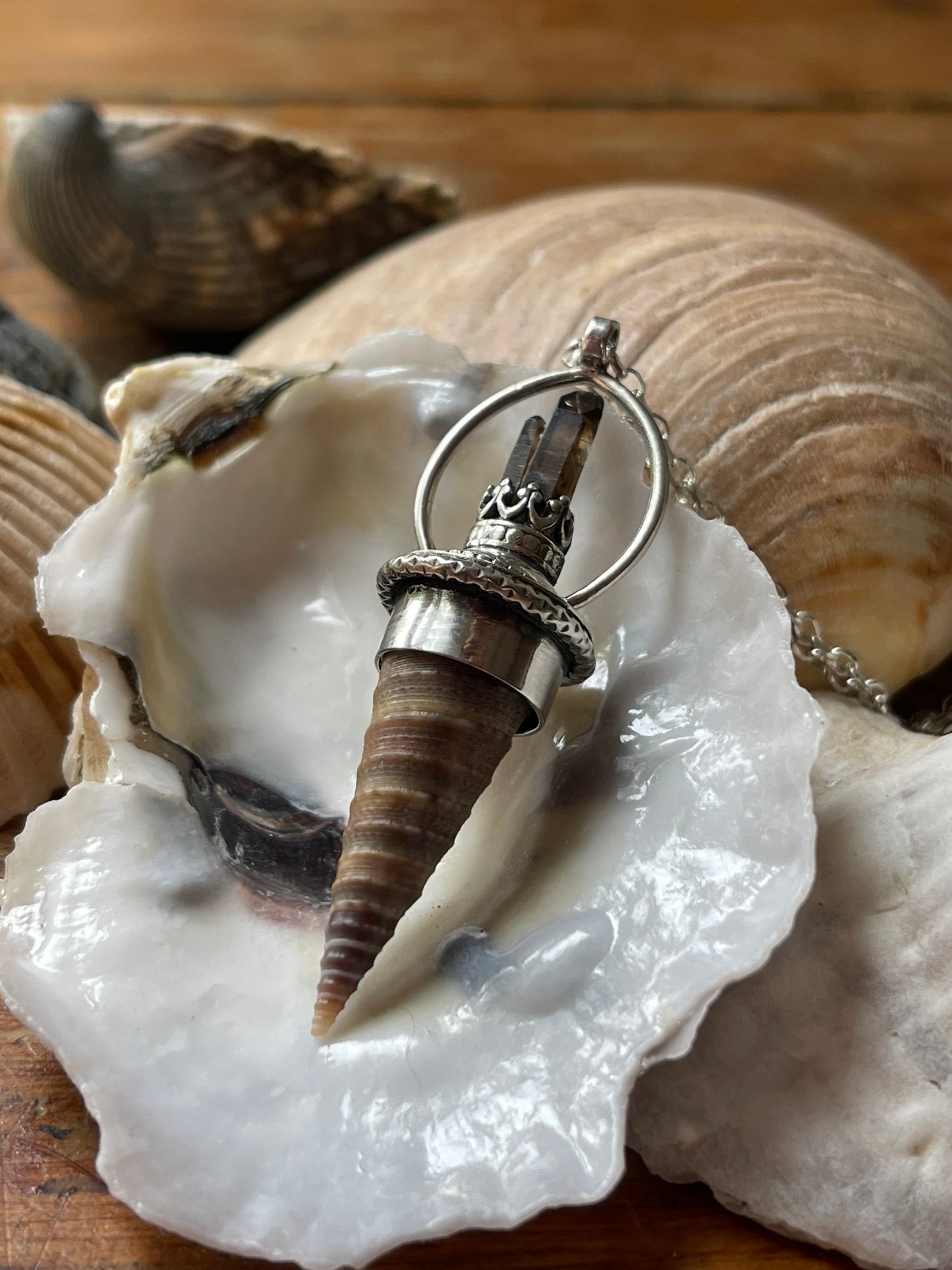 Ocean Royalty: Smokey Quartz Crystal Cone Shell Statement Necklace