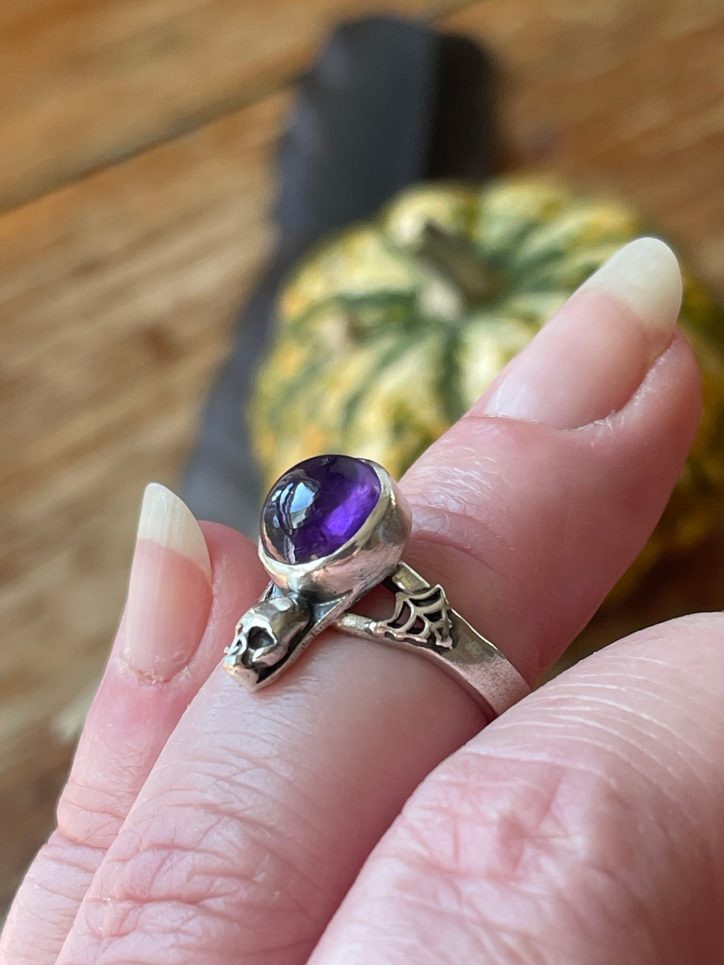 *Elvira • Glowing Amethyst Spiderweb Skull Ring Size 5