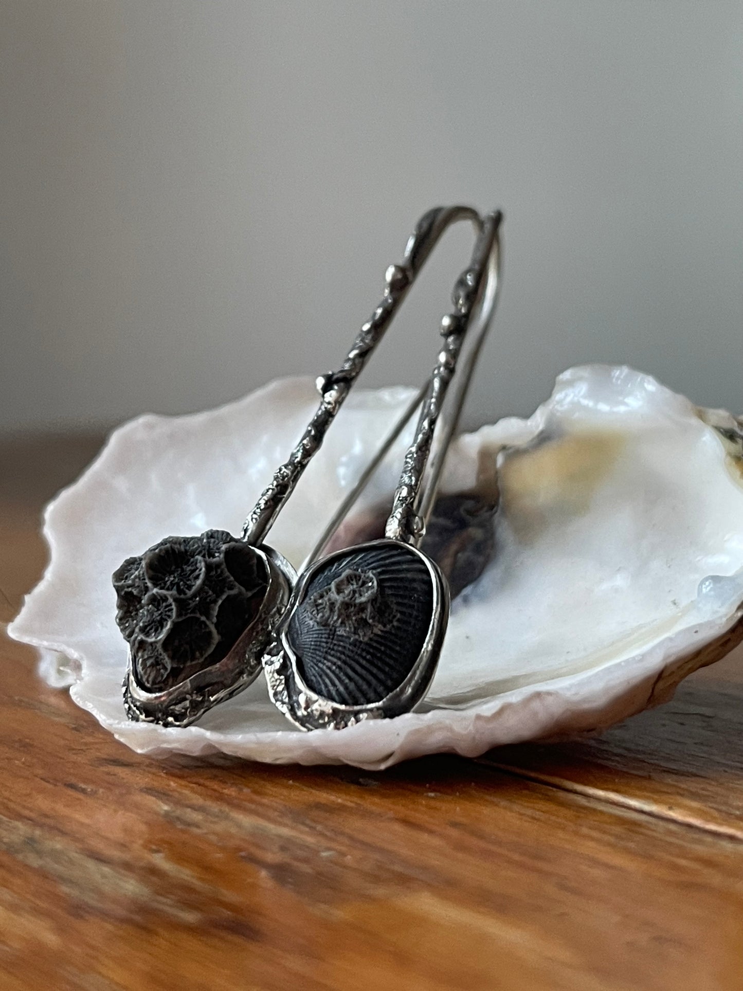 *Smoke & Coral • Seashell & Coral Reticulated Silver Drop Earrings