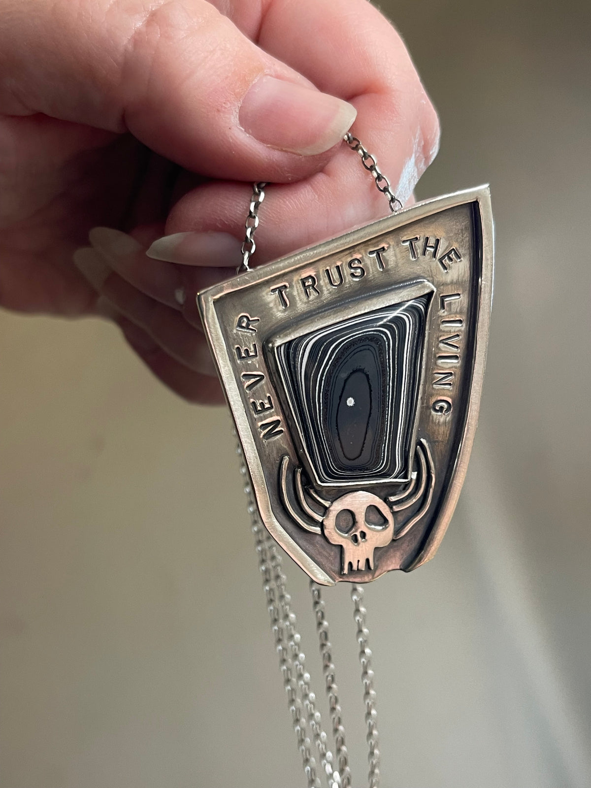 *Never Trust the Living • Fordite & Sterling Silver Beetlejuice Halloween Statement Pendant Necklace