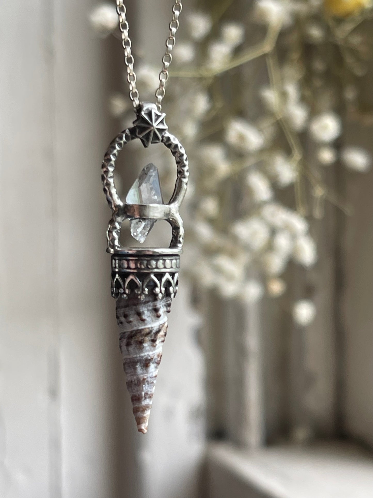 *The Celestial Tides Crystal Cone Seashell Pendant Necklace • Herkimer Diamond • Sterling Silver