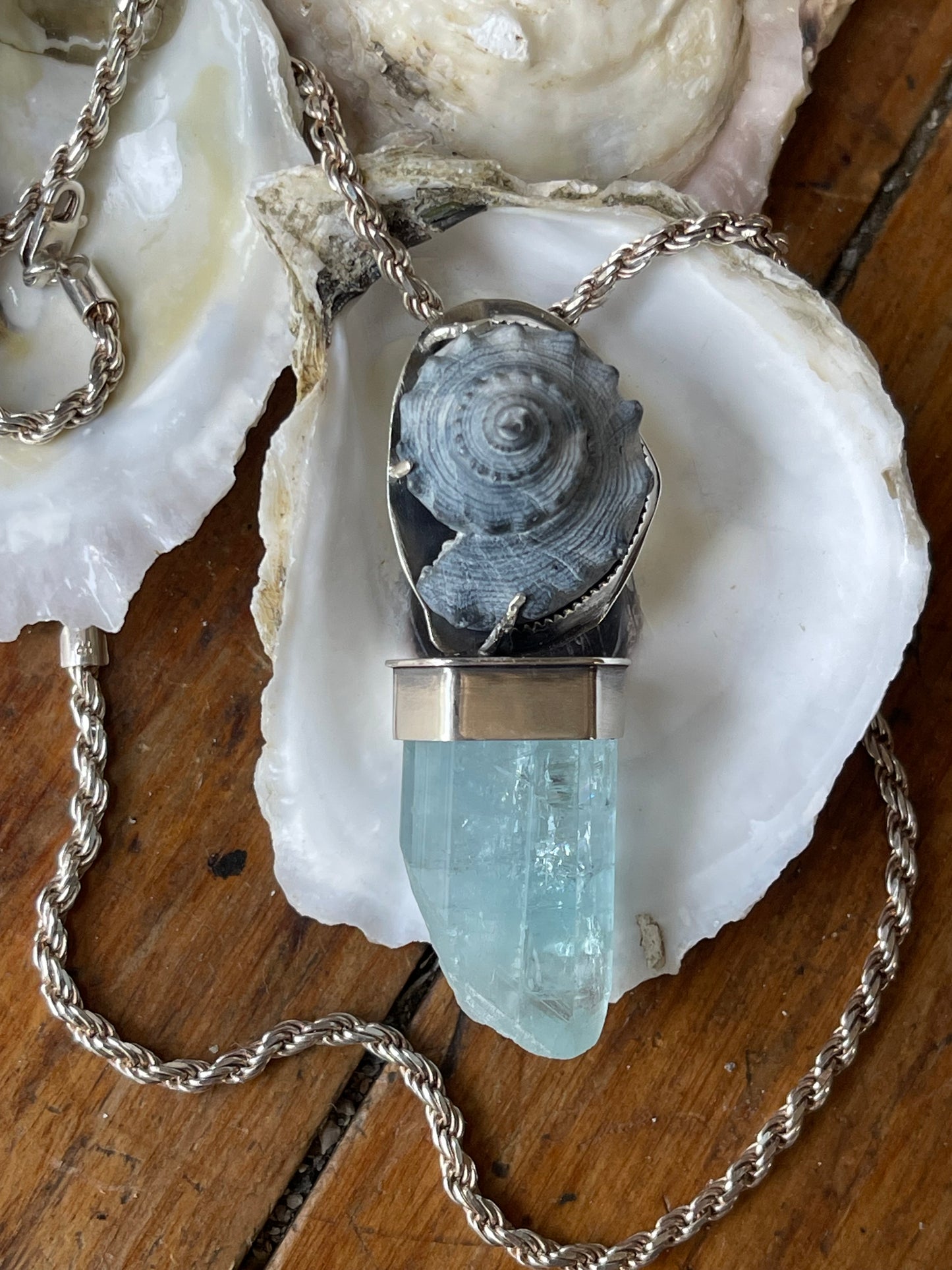 *The Azure Empress • Aquamarine crystal Black Seashell PENDANT ONLY • Sterling Silver