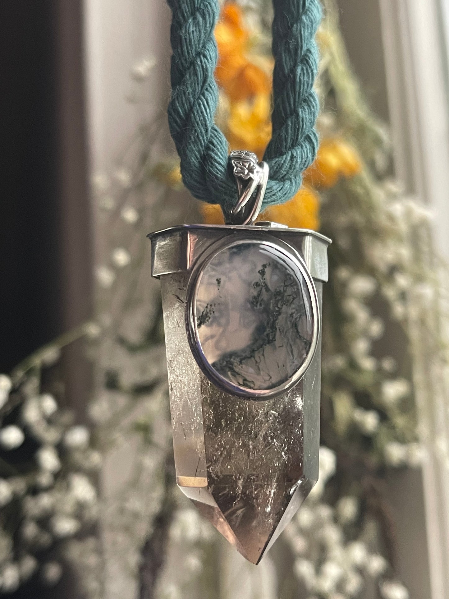 *Climbing Ivy Crystal Statement Necklace • Smokey Quartz & Moss Agate • Sterling Silver