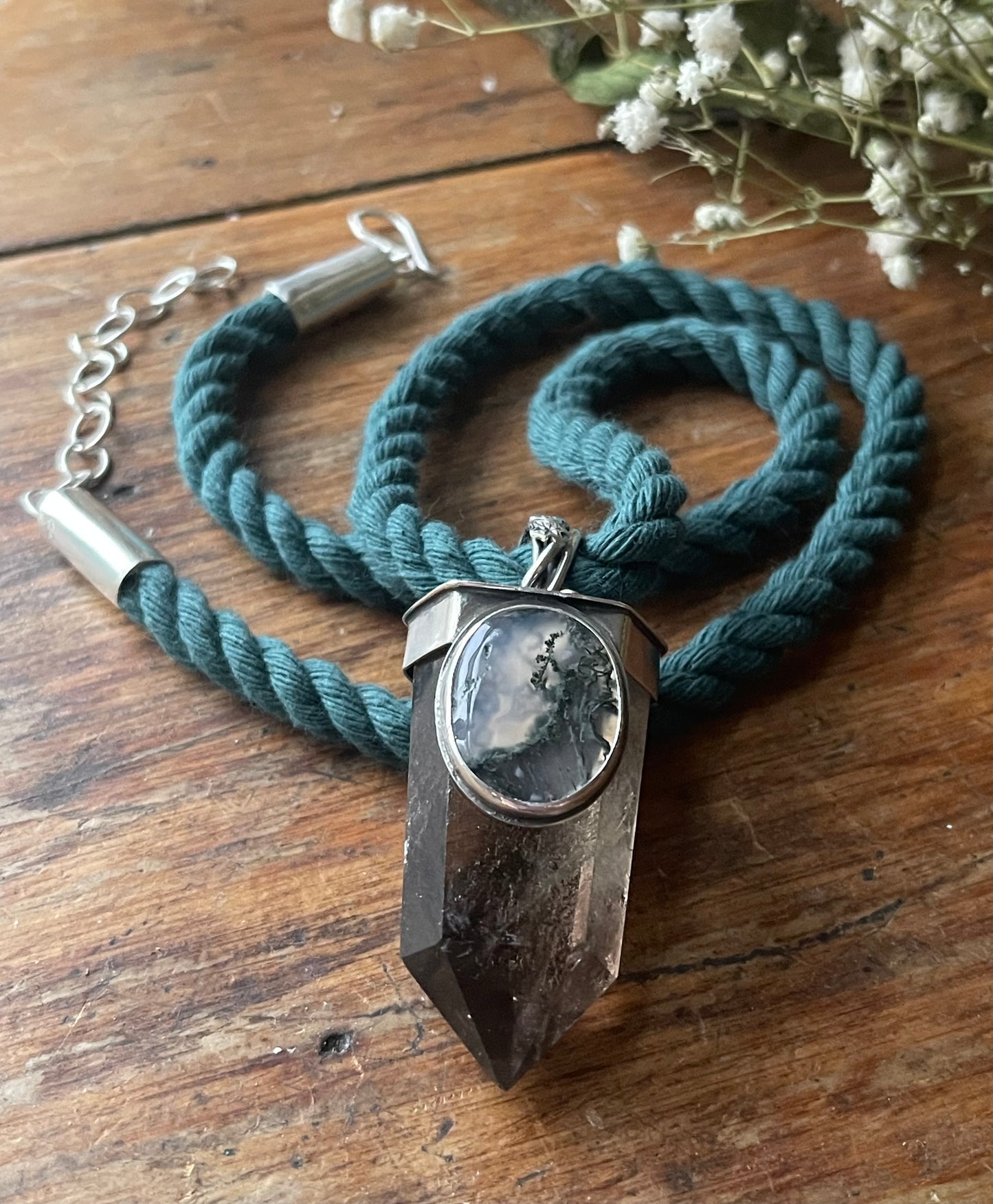 *Climbing Ivy Crystal Statement Necklace • Smokey Quartz & Moss Agate • Sterling Silver