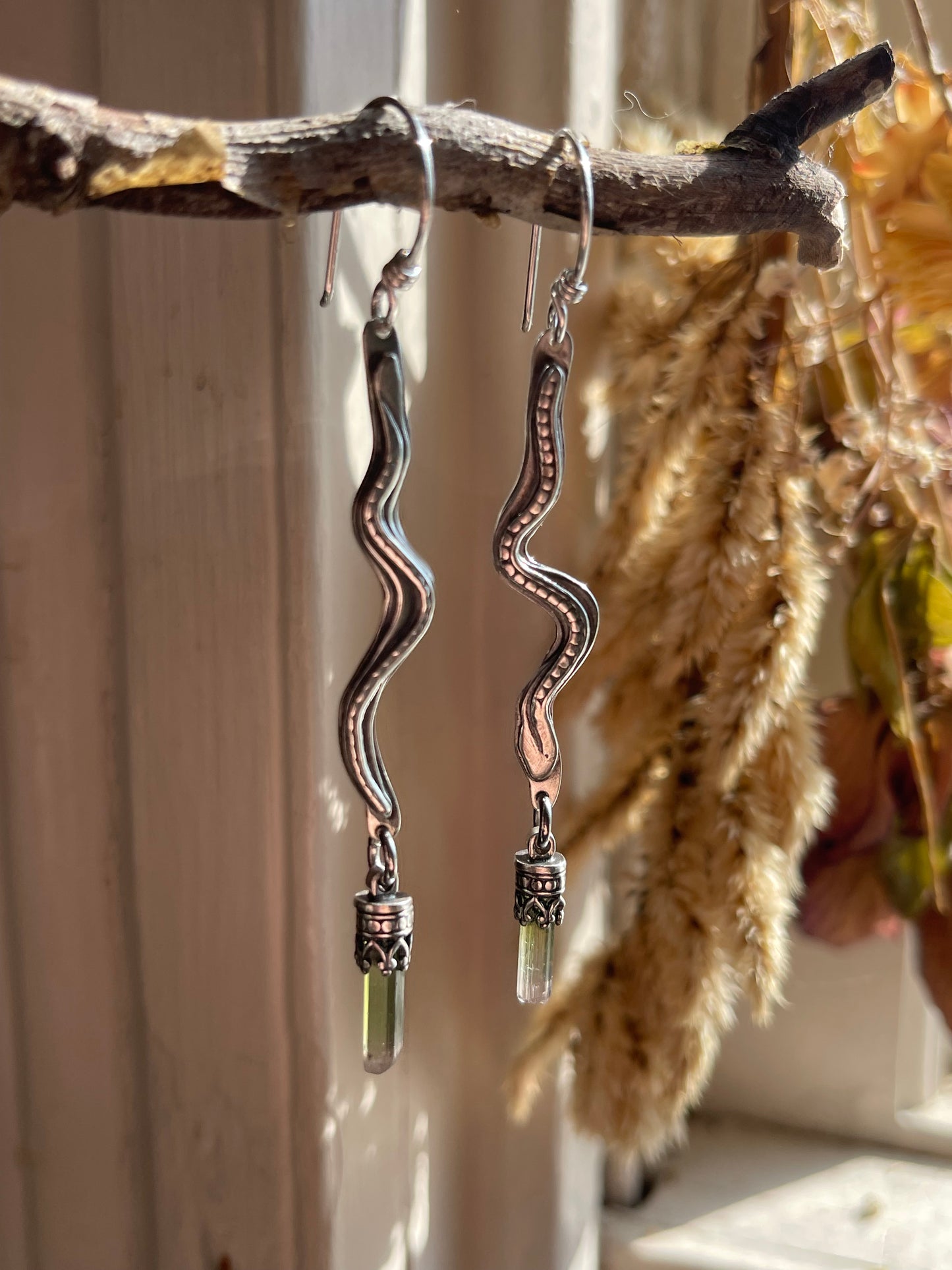 *Beithir • Green Tourmaline Crystal Serpent Dangle Earrings