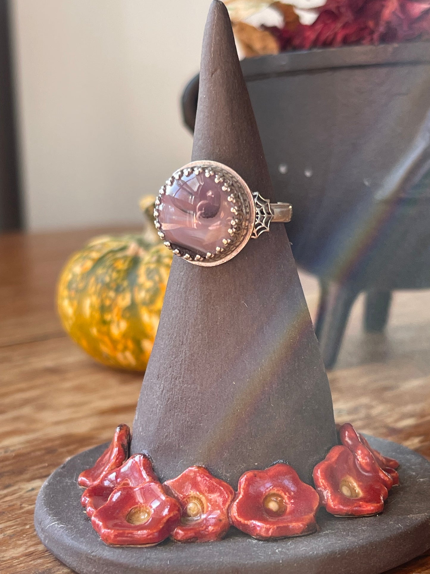 *Lilith• Purple Moss Agate Spiderweb Ring Size 9.5