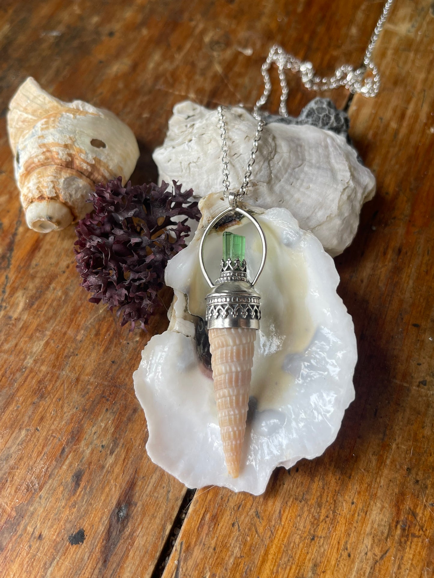 Kelly • Green Tourmaline Crystal Shell Statement Pendant Necklace