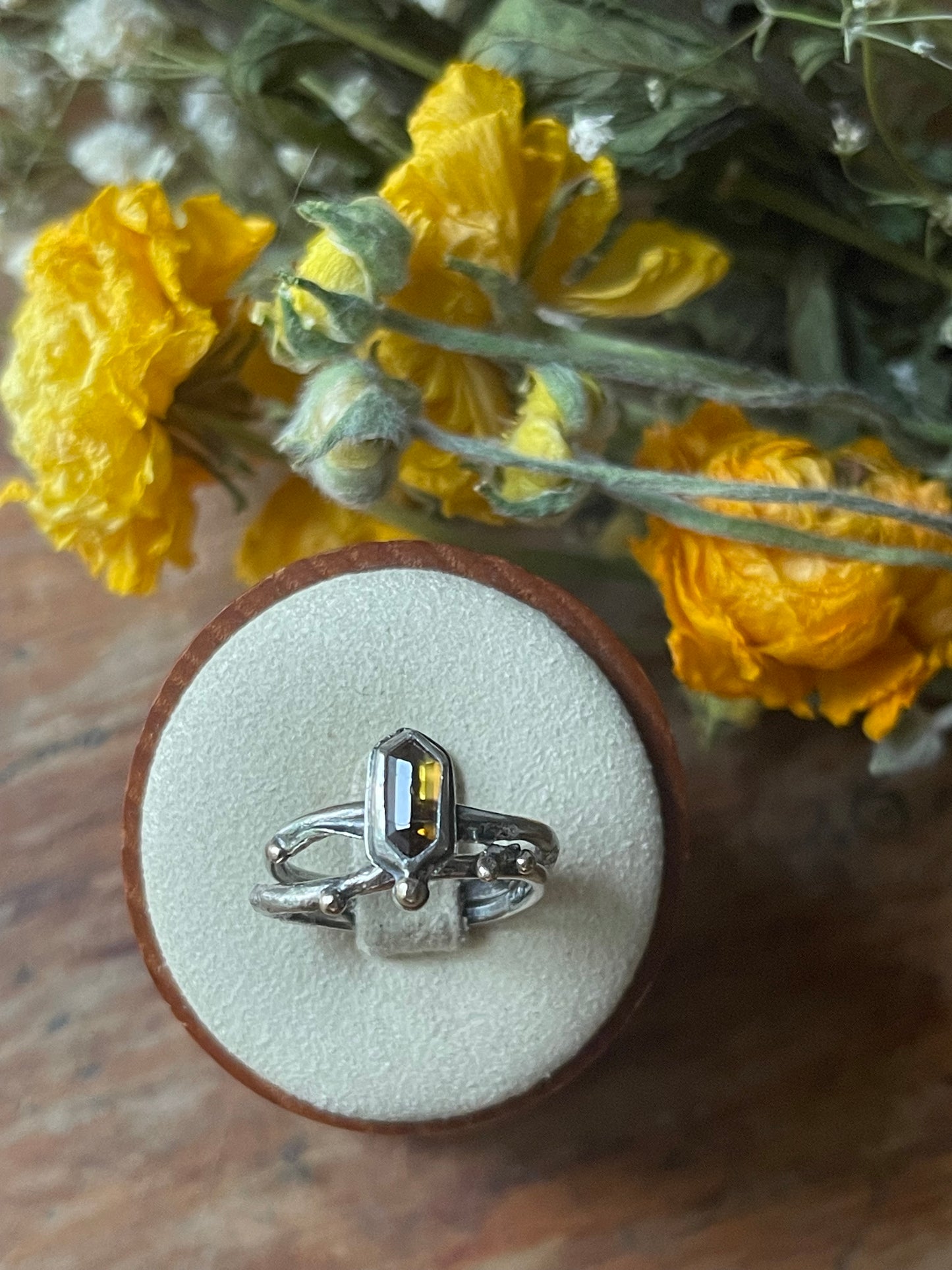 *Sunlit Keep Sphene Ring • Reticulated Silver & 14K Gold • Size 7