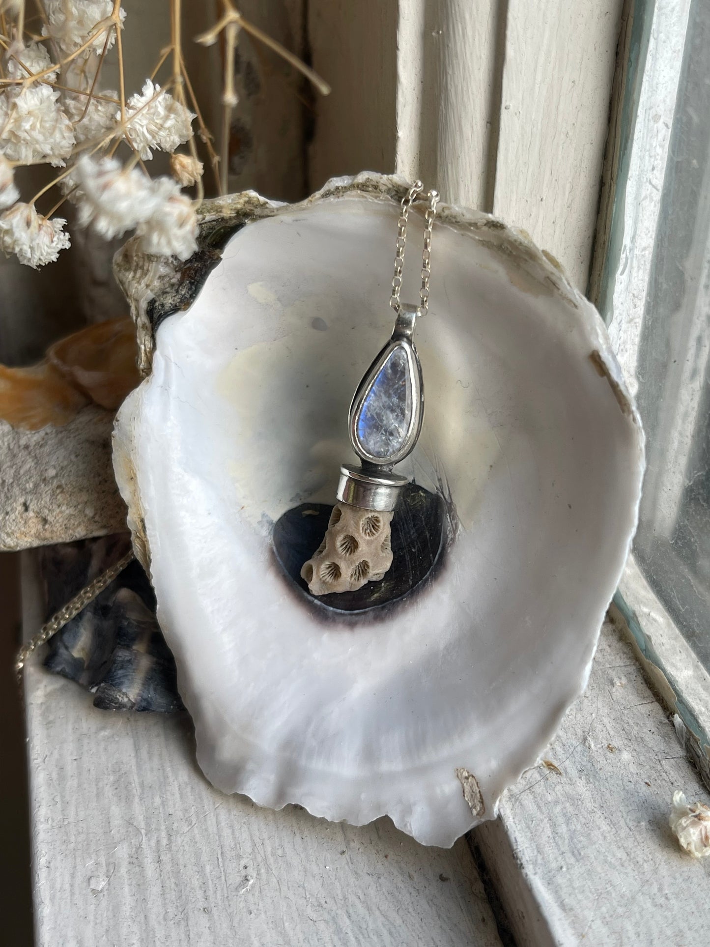 *Sand & Moon • Moonstone Quartz Fossil Charm Necklace • Sterling Silver