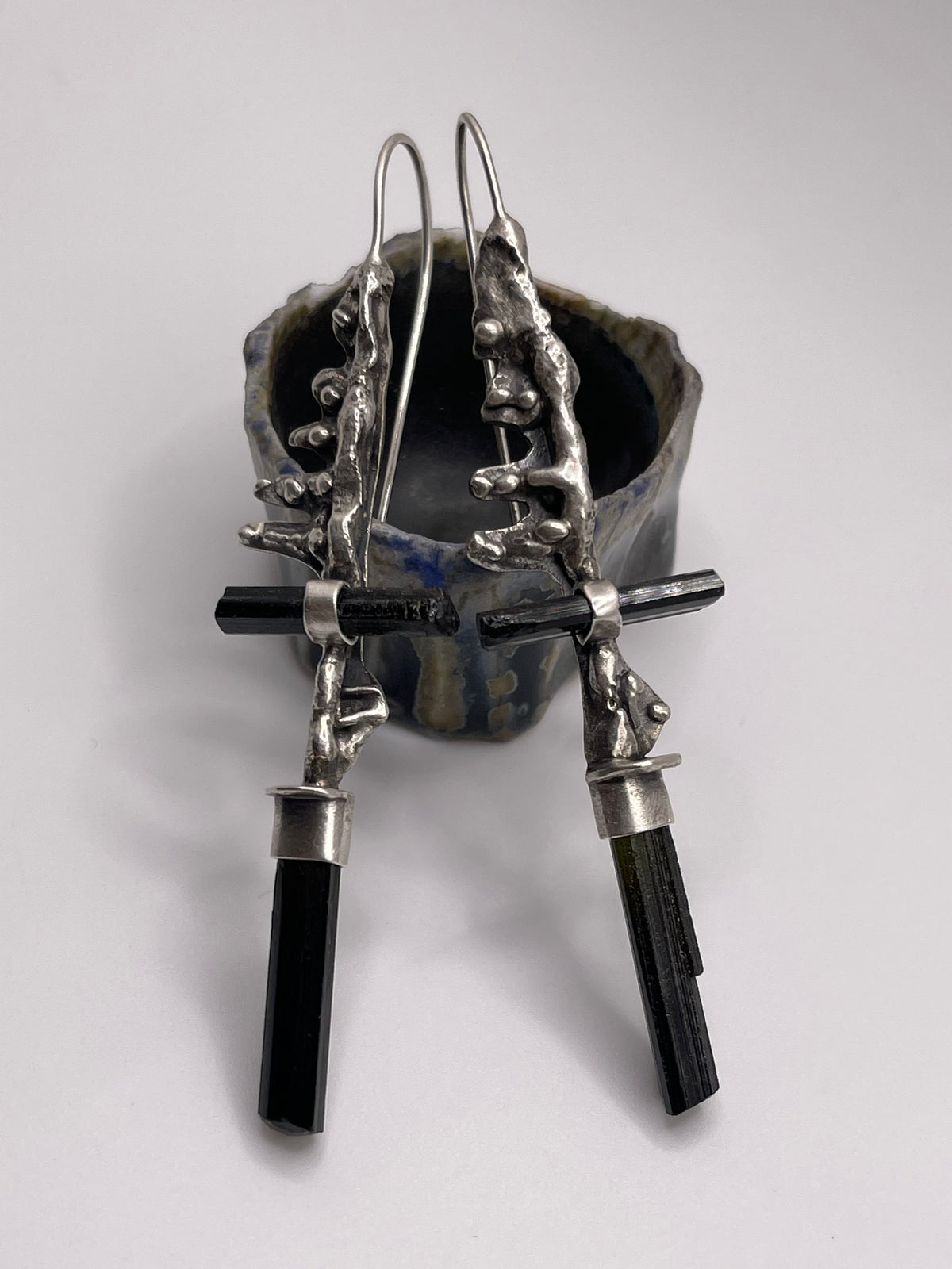 *Skeletal Fragments • Dark Green Tourmaline Crystal Statement Earrings • Fused Sterling Silver