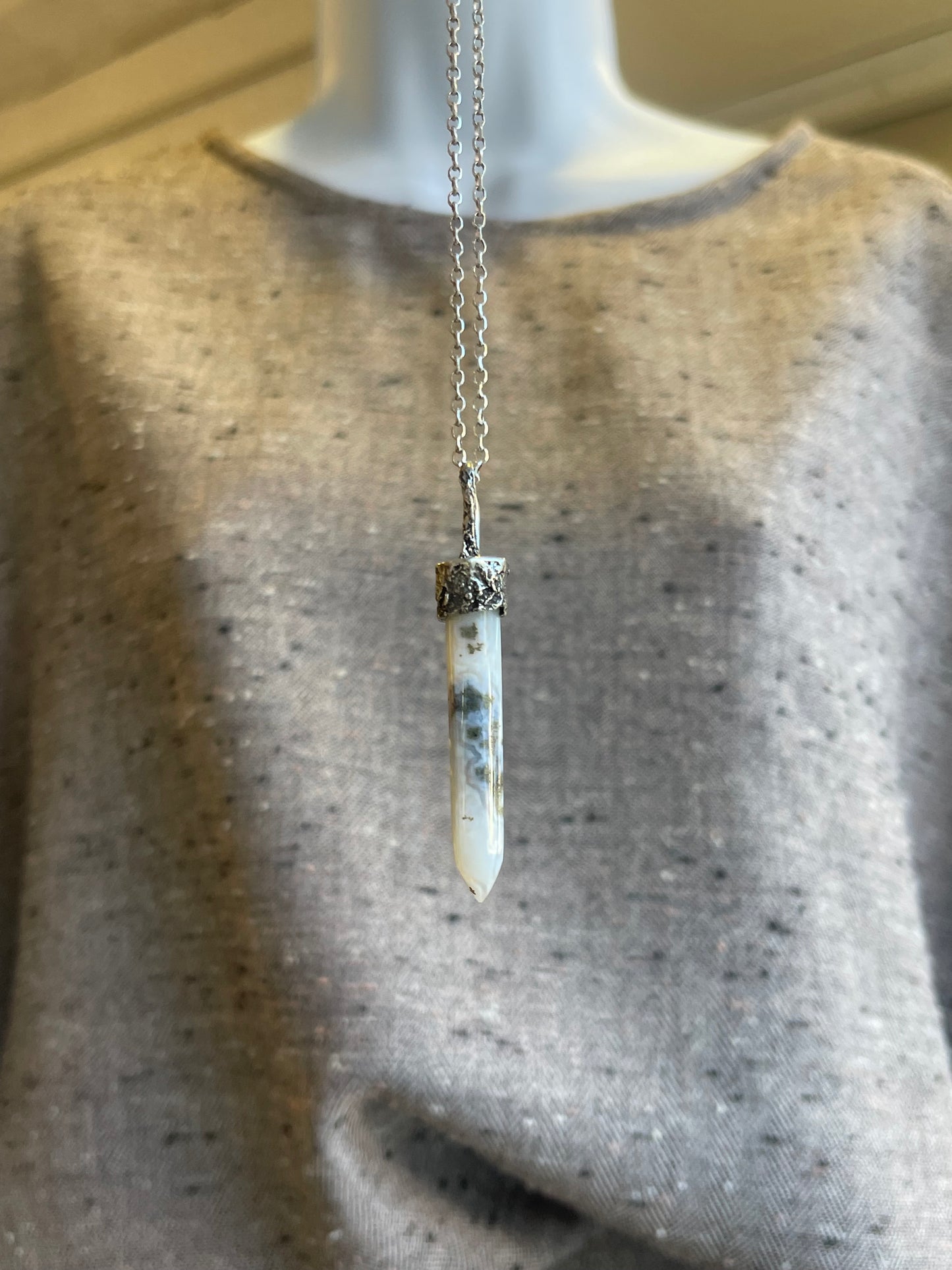 *Sea Mist • Moss Agate Crystal Pendant Necklace • Reticulated Silver