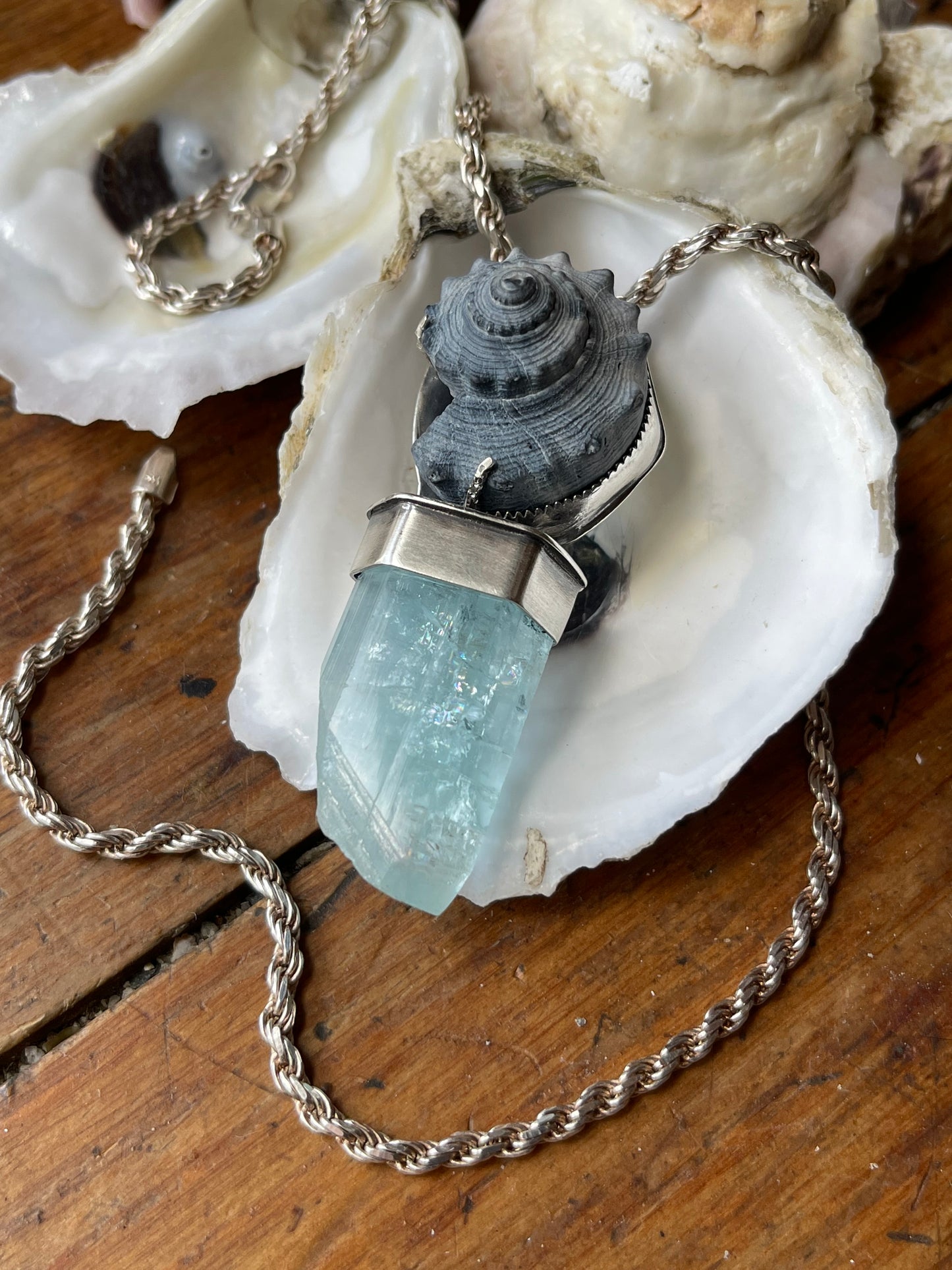 *The Azure Empress • Aquamarine crystal Black Seashell PENDANT ONLY • Sterling Silver