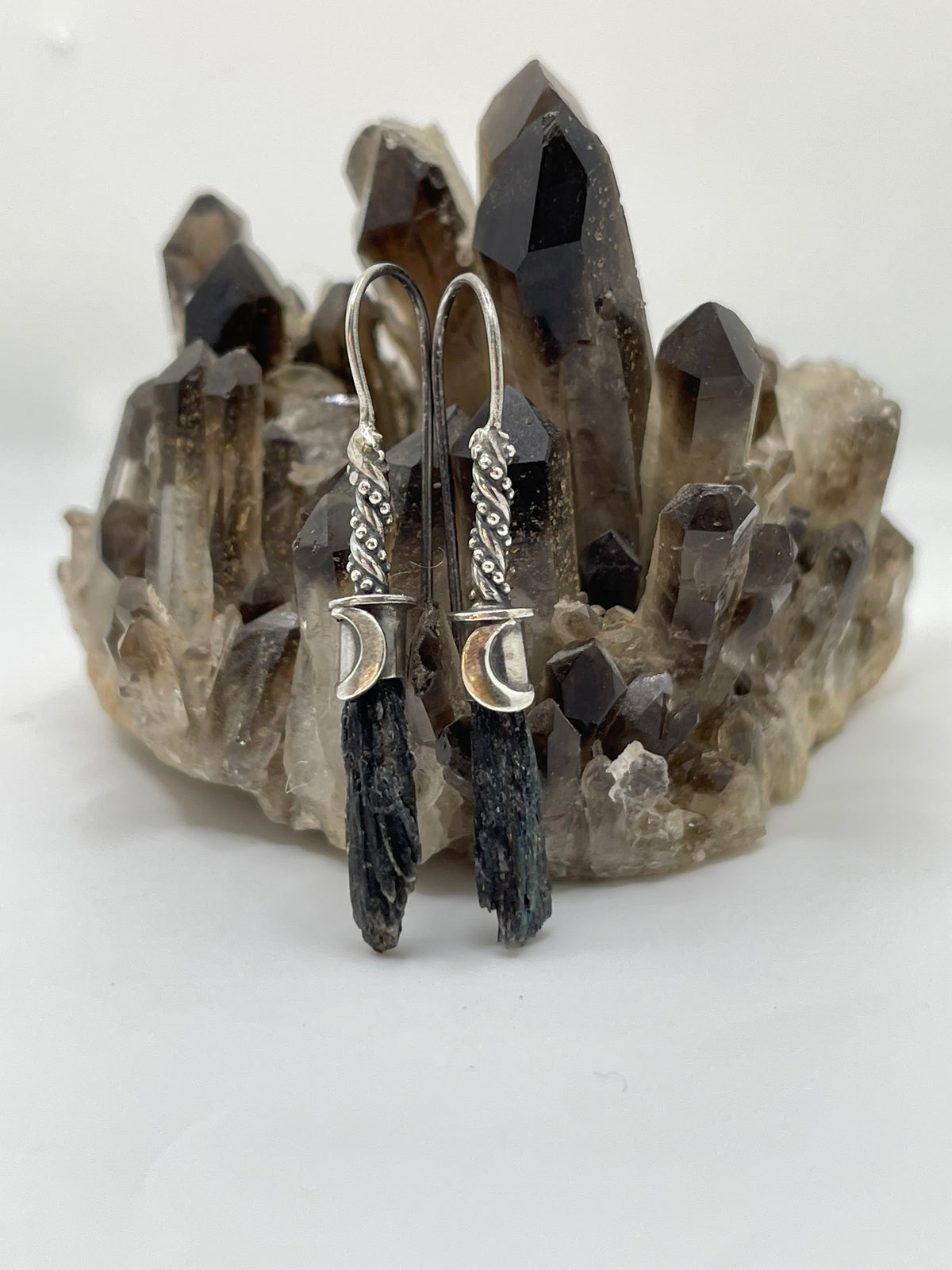 *Bebe Lunar Witch Broom Crystal Drop Earrings • Black Kyanite & Sterling Silver
