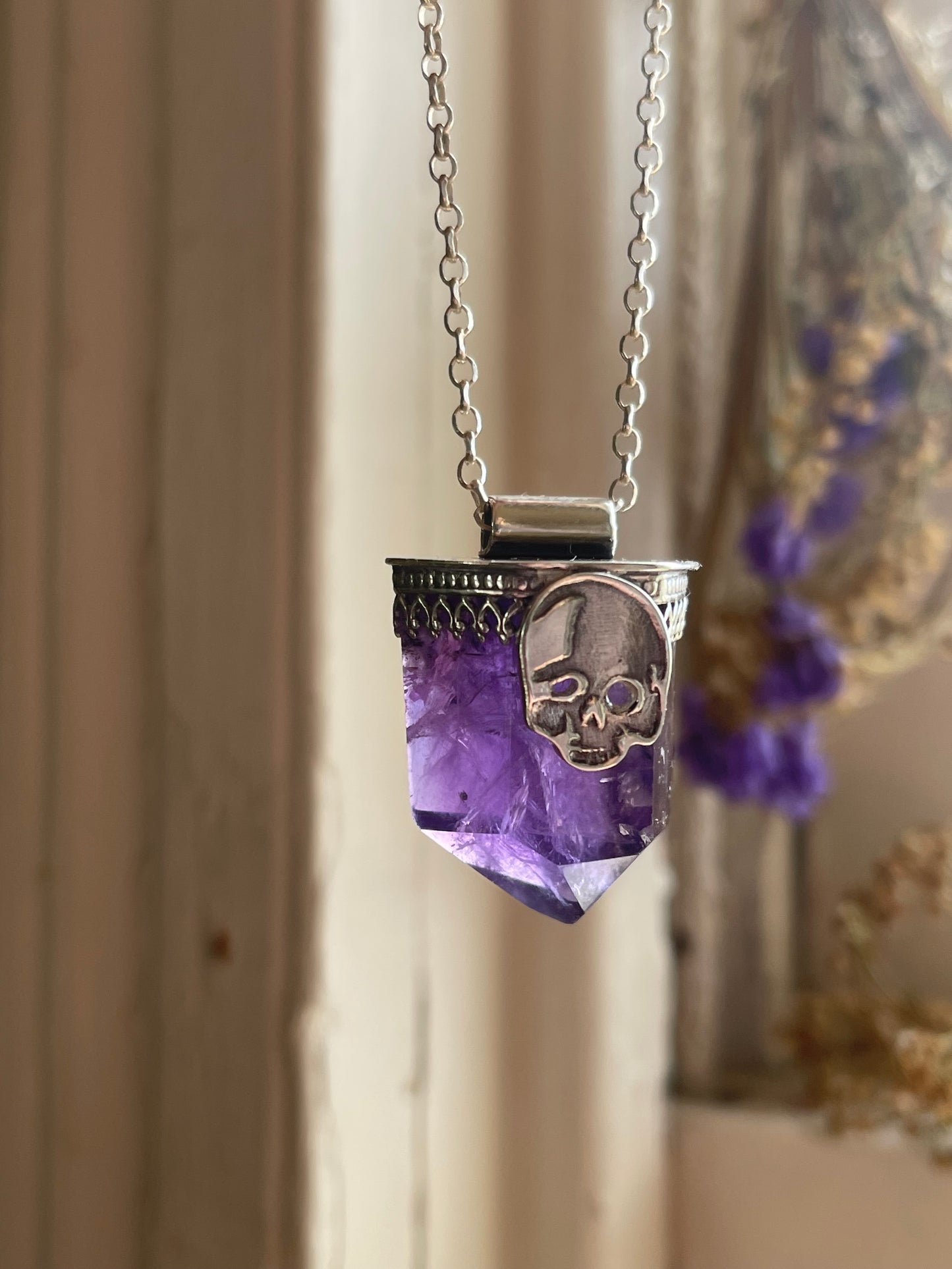 Amethyst Crystal Stamped Skull Pendant Necklace