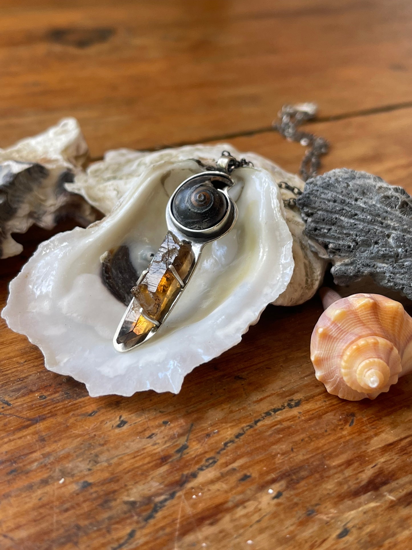 *Portal to the Brine • Black & Brown Seashell with Smokey Quartz Crystal Pendant Necklace • Sterling Silver