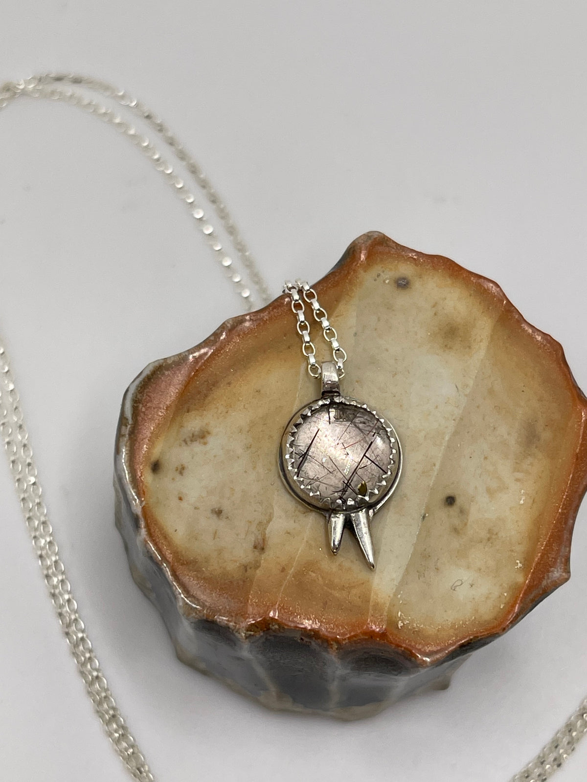 *Black Rutilated Quartz Spiked Charm Pendant Necklace • Sterling Silver