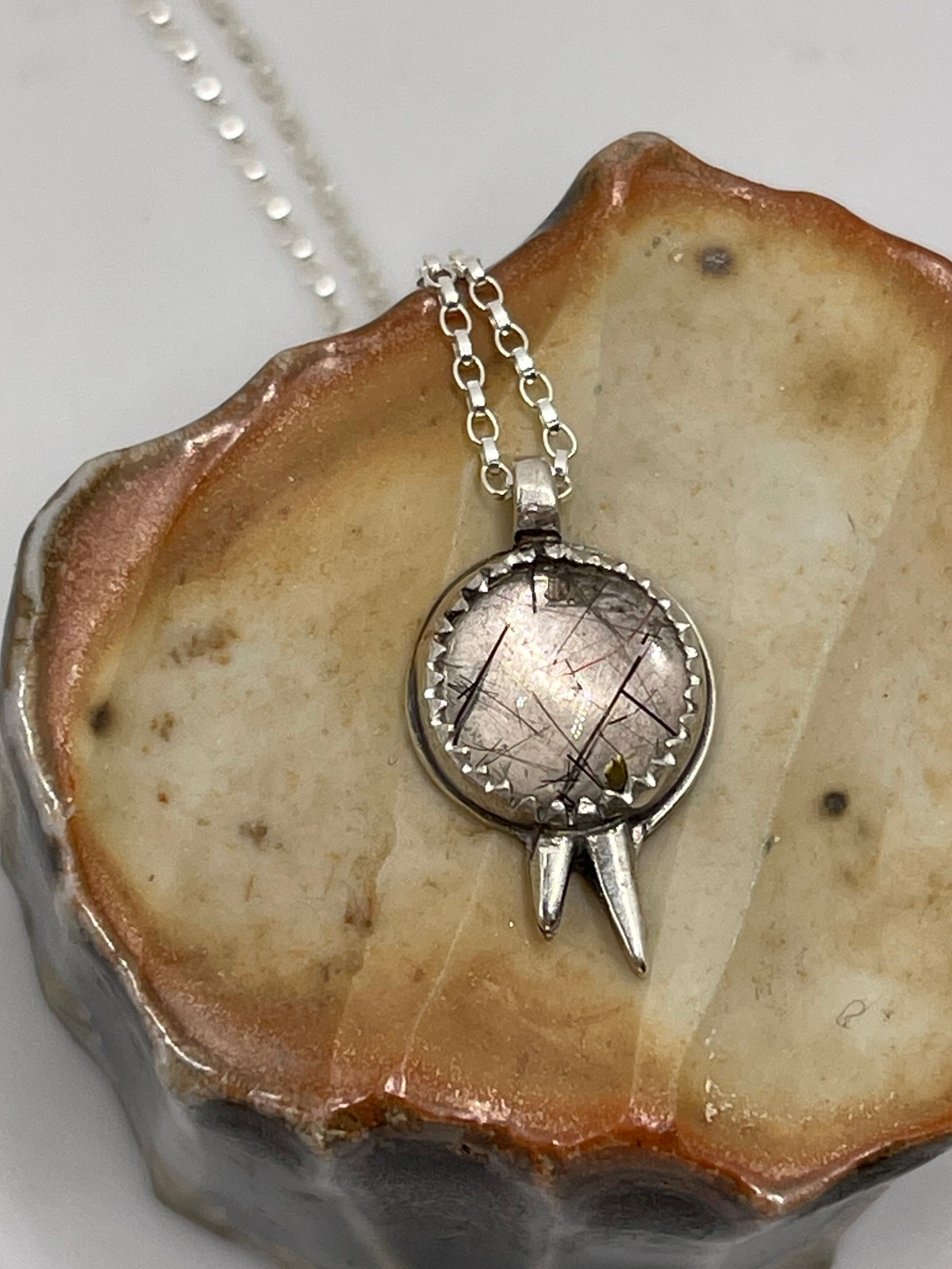 *Black Rutilated Quartz Spiked Charm Pendant Necklace • Sterling Silver