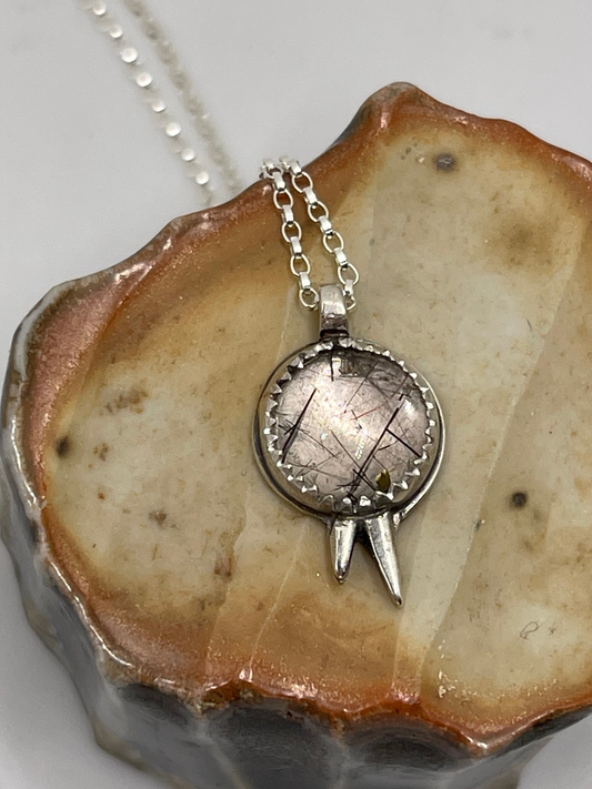 *Black Rutilated Quartz Spiked Charm Pendant Necklace • Sterling Silver