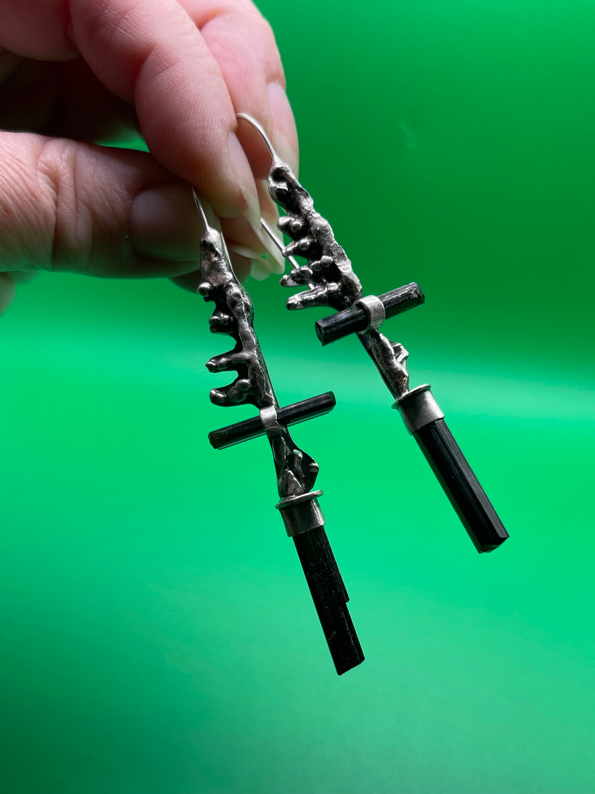 *Skeletal Fragments • Dark Green Tourmaline Crystal Statement Earrings • Fused Sterling Silver