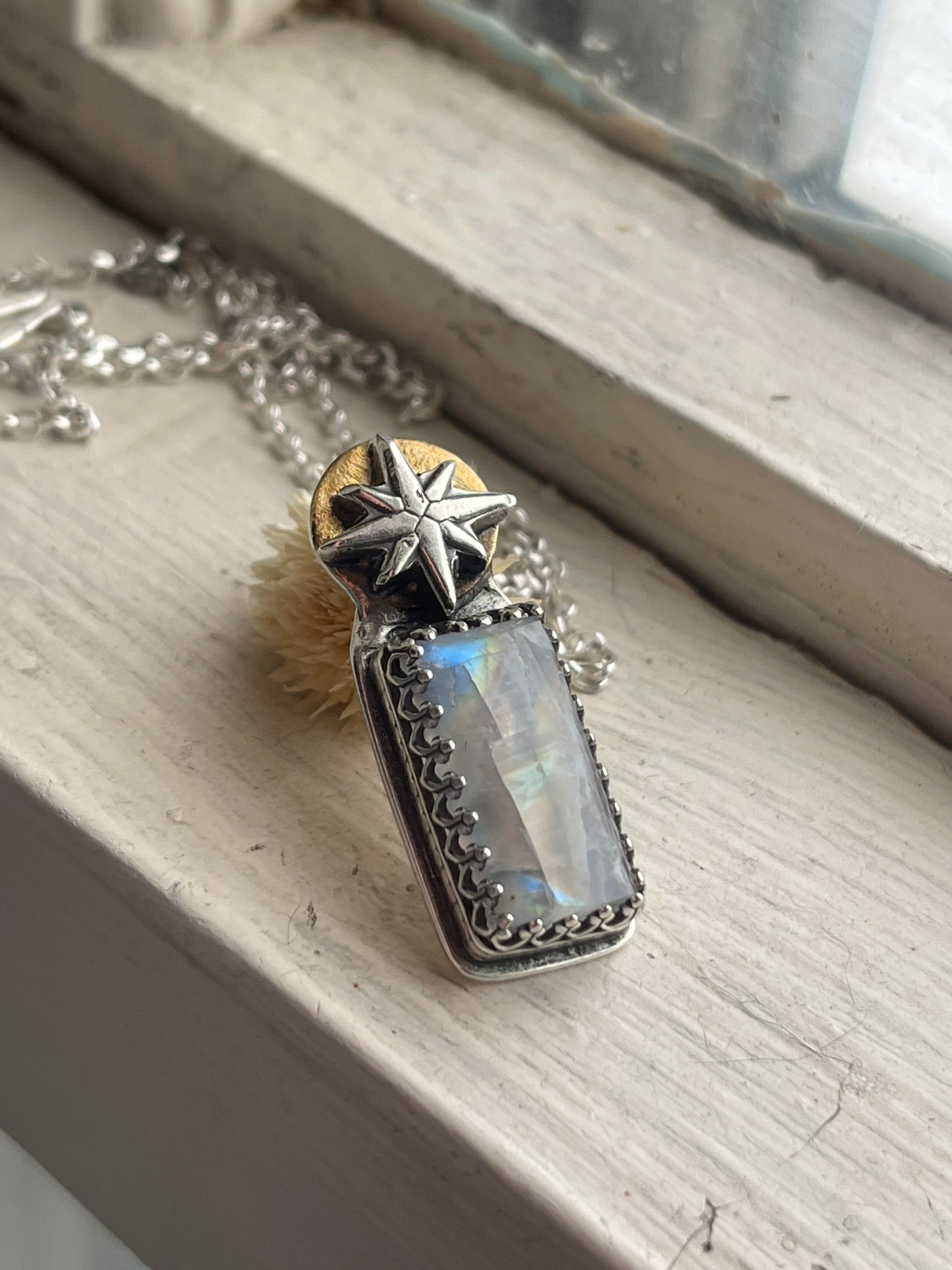 *The Eternal Flame • Rainbow Moonstone Mixed Metals Pendant Necklace