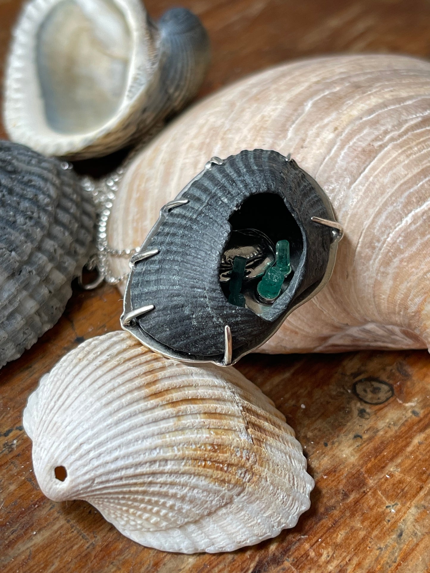 Emerald Cove • Black Shell & Emerald Crystal Seascape Statement Necklace