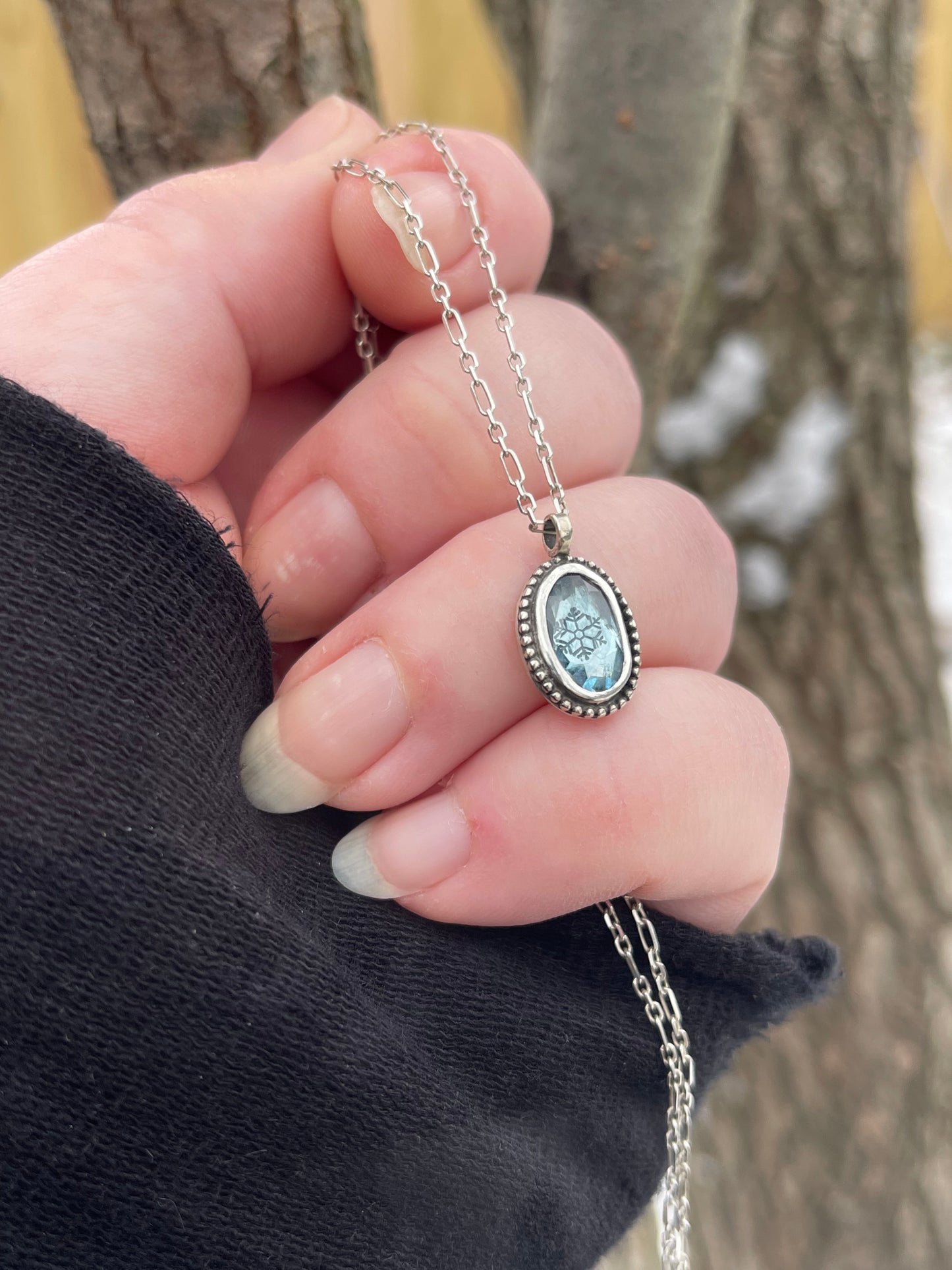 *London Blue Ice • Sterling silver stamped pendant necklace