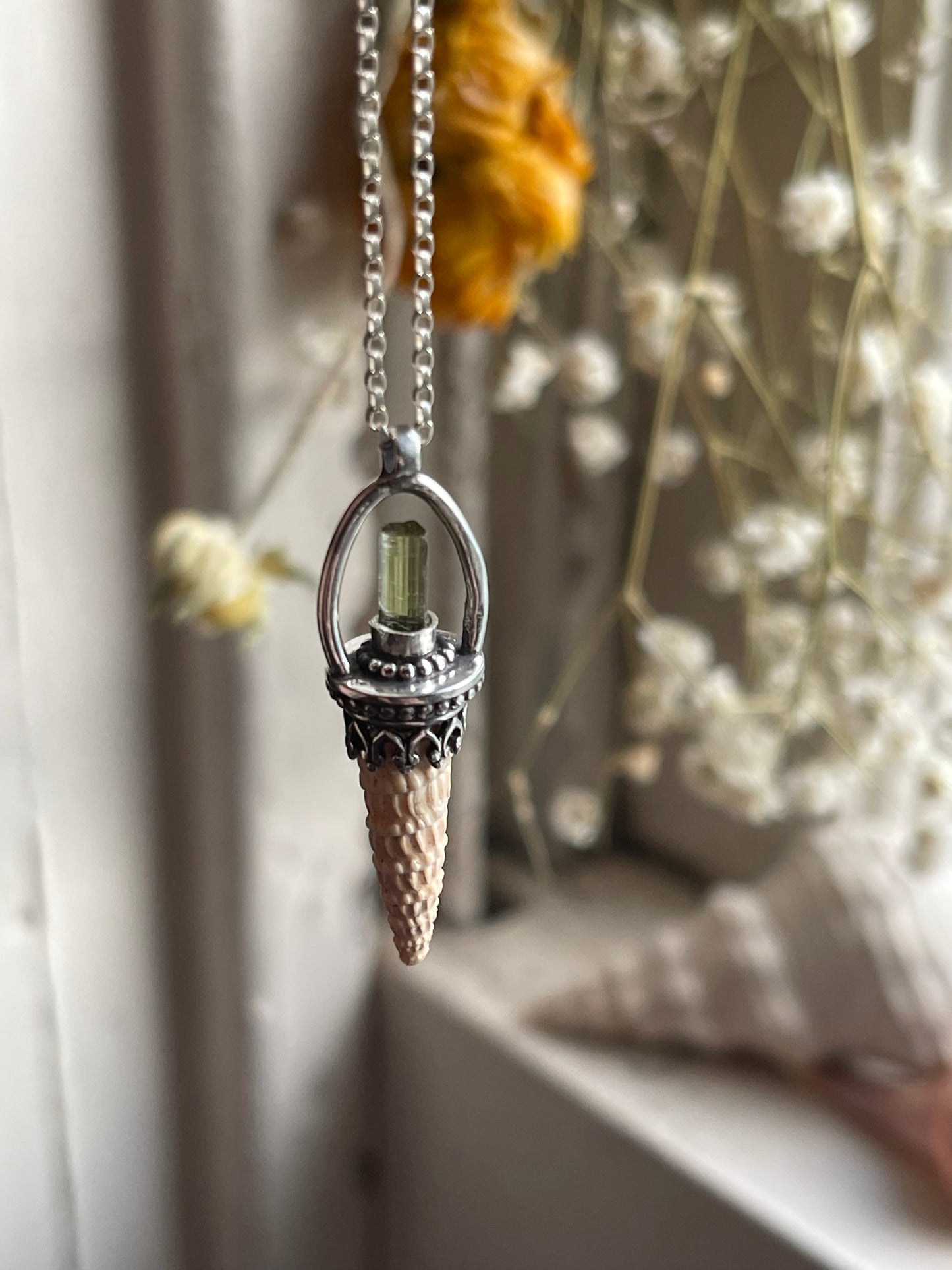 *The Orange Creamsicle Crystal Cone Seashell Pendant Necklace • Tourmlaine and Sterling Silver