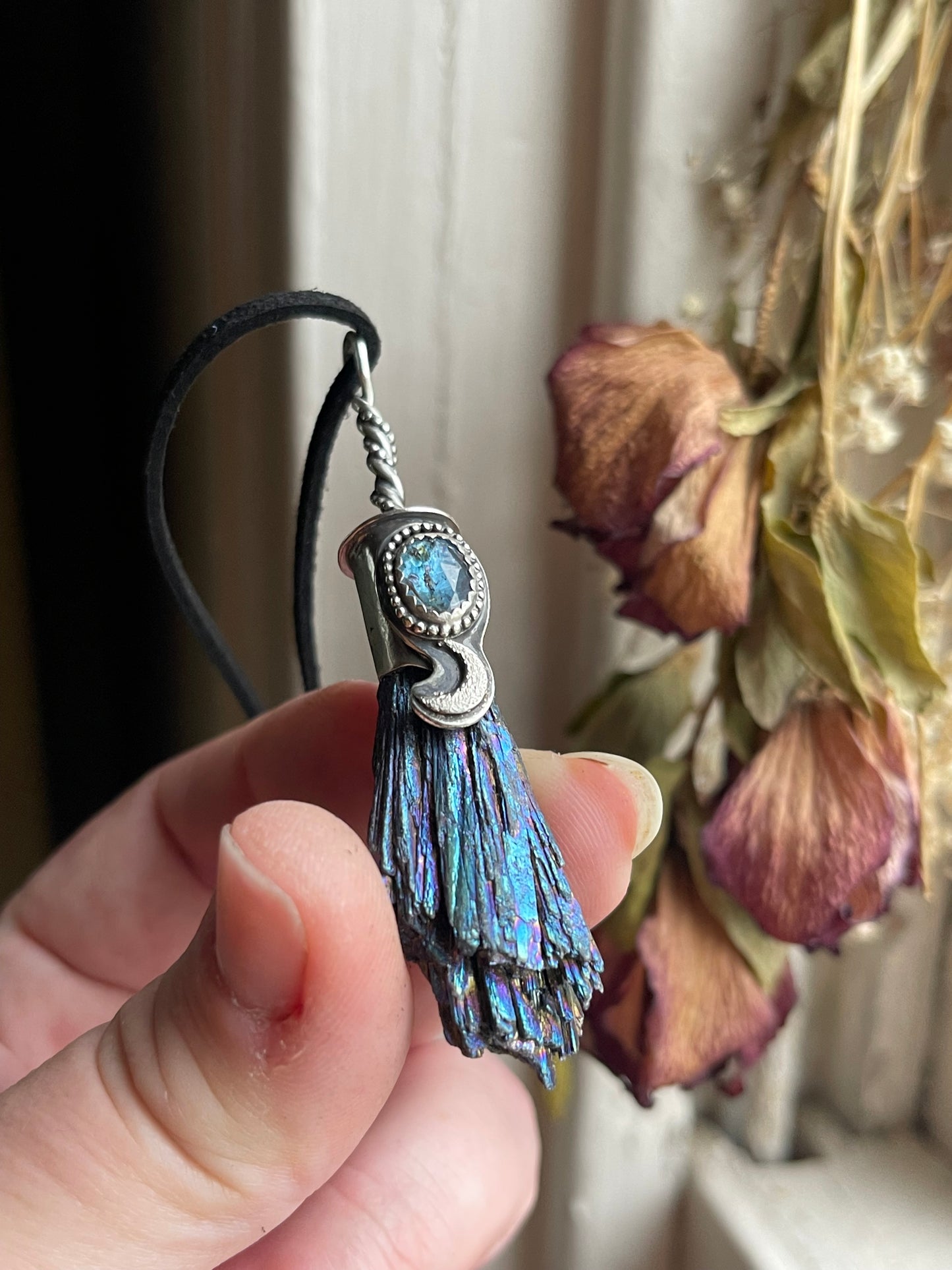 Celestial Witch Blue Broom Crystal Pendant