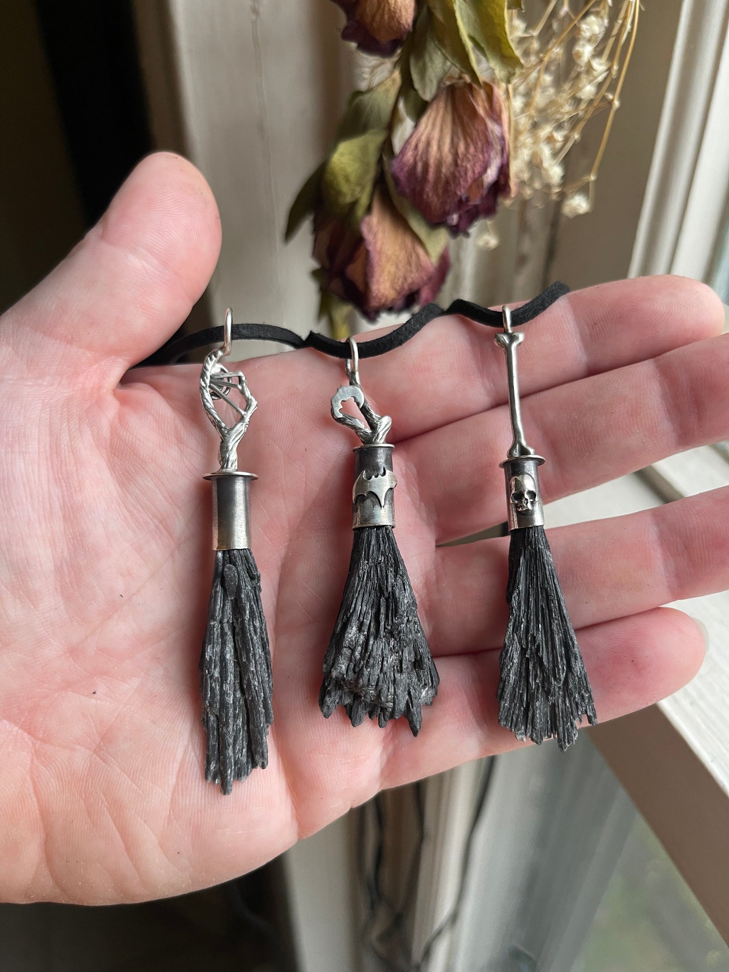 *Gothic Bone Witch Crystal Broom Pendant